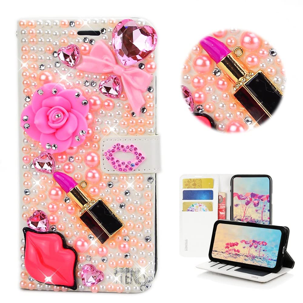 STENES Bling Wallet Phone Case for iPhone 12 Mini - 3D Handmade Lips Design with Lipstick, Flowers & Bowknot - Pink Leather Cover with Screen Protector & Neck Strap Lanyard - Perfect for Parties, Dating & Everyday Use