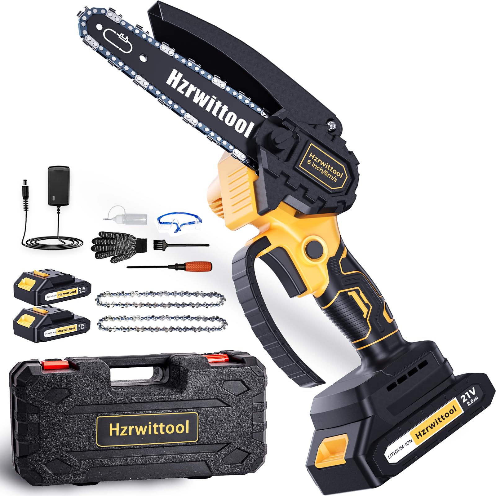 6-Inch Mini Cordless Chainsaw with True High Power Brushless Motor | 21V 2000mAh Dual Battery | Upgraded High Hardness Chain | Ultra-Light 2.2lbs Electric Chainsaw for Tree Trimming, Storm Cleanup, Firewood Cutting, Camping & Outdoor DIY Projects