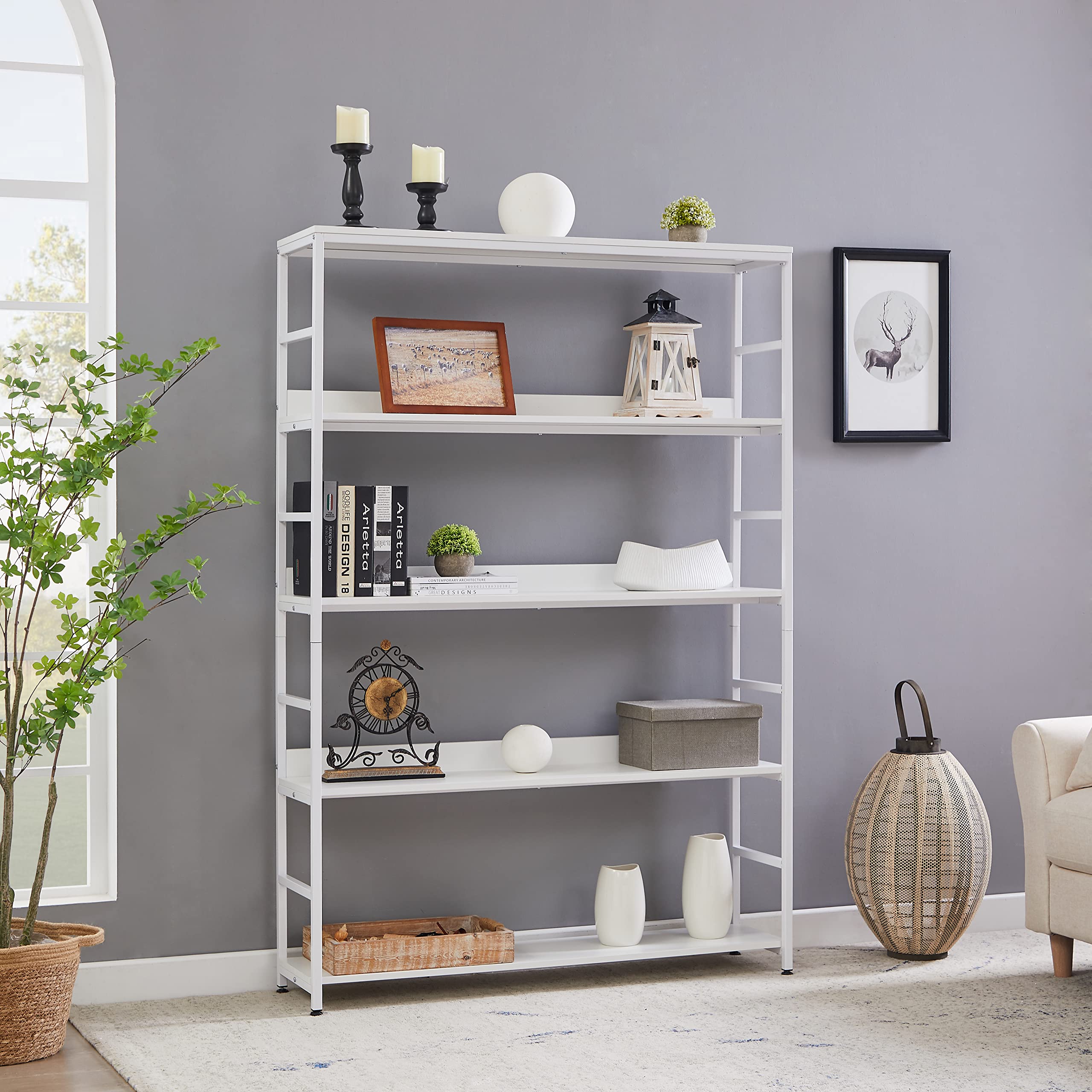 Polibi 5-Tier Home Office Standing Open Bookcase - Modern Industrial Style Large 5-Shelf Bookshelf with Metal Frame & MDF Board (47.24