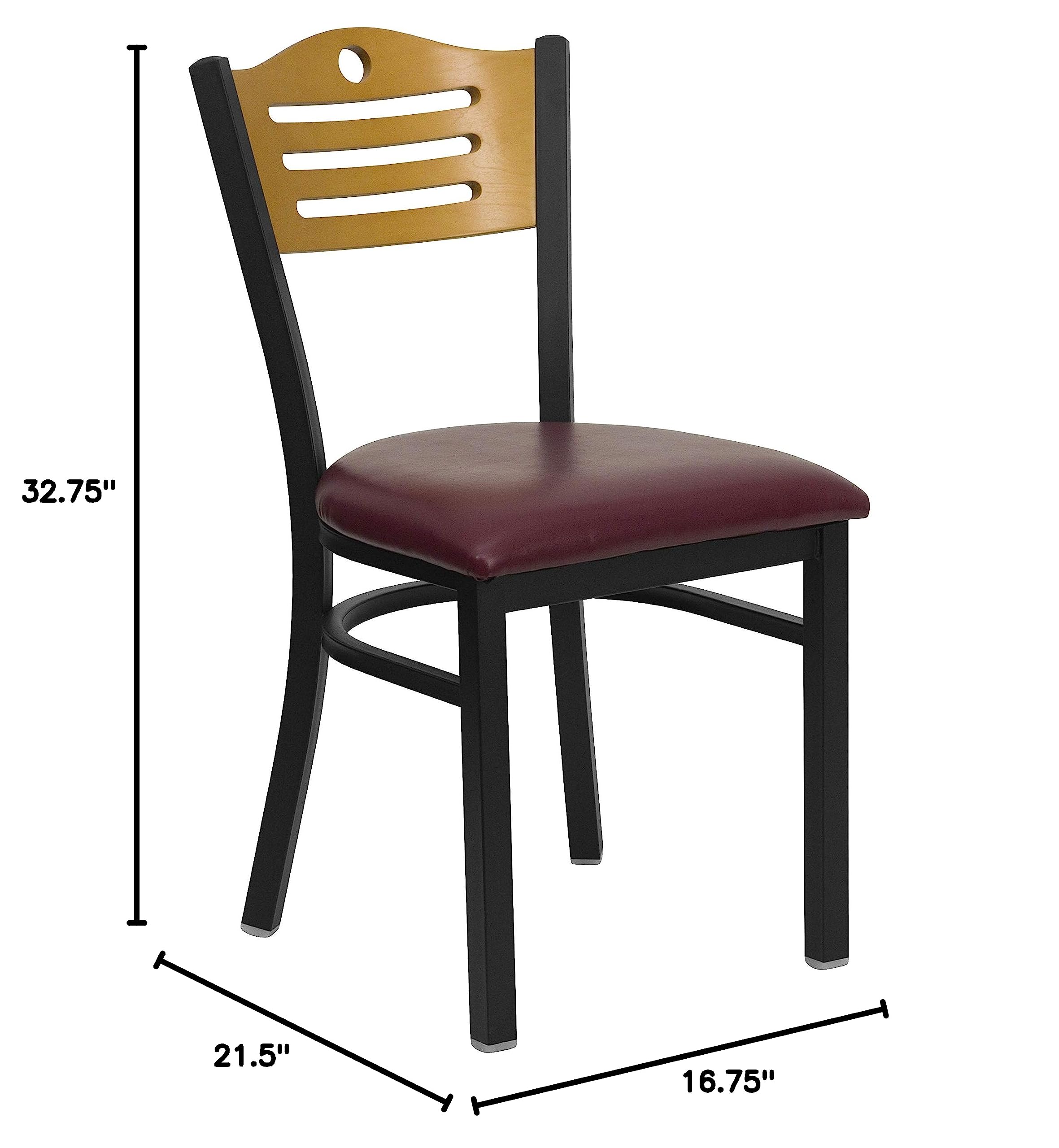 2 Pack Black Slat Back Metal Restaurant Chairs - Natural Wood Back & Burgundy Vinyl Seat - Durable Dining Chairs for Restaurants, Cafes, Bistros, and Home Kitchens