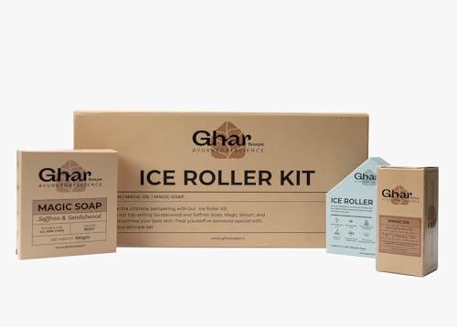 GHAR SOAPS Ice Roller Kit for Flawless Skin - Tighten Pores & Depuff Eyes with Ice Roller, Brighten & Anti-Age with Ayurvedic Face Serum, Exfoliate with Sandalwood Saffron Soap Bar | Skincare Routine for Morning & Night Use
