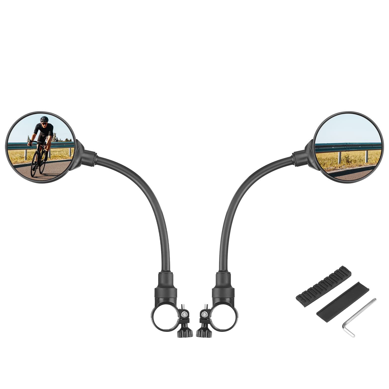 KEMIMOTO 360° Adjustable Bike Mirrors - Universal Handlebar Mount for E-Bike, Road Bike, Mountain Bike & Scooter - 2 Pack Acrylic Convex Safety Mirrors with Long Extension | Perfect for Commuting, Off-Roading & Urban Riding