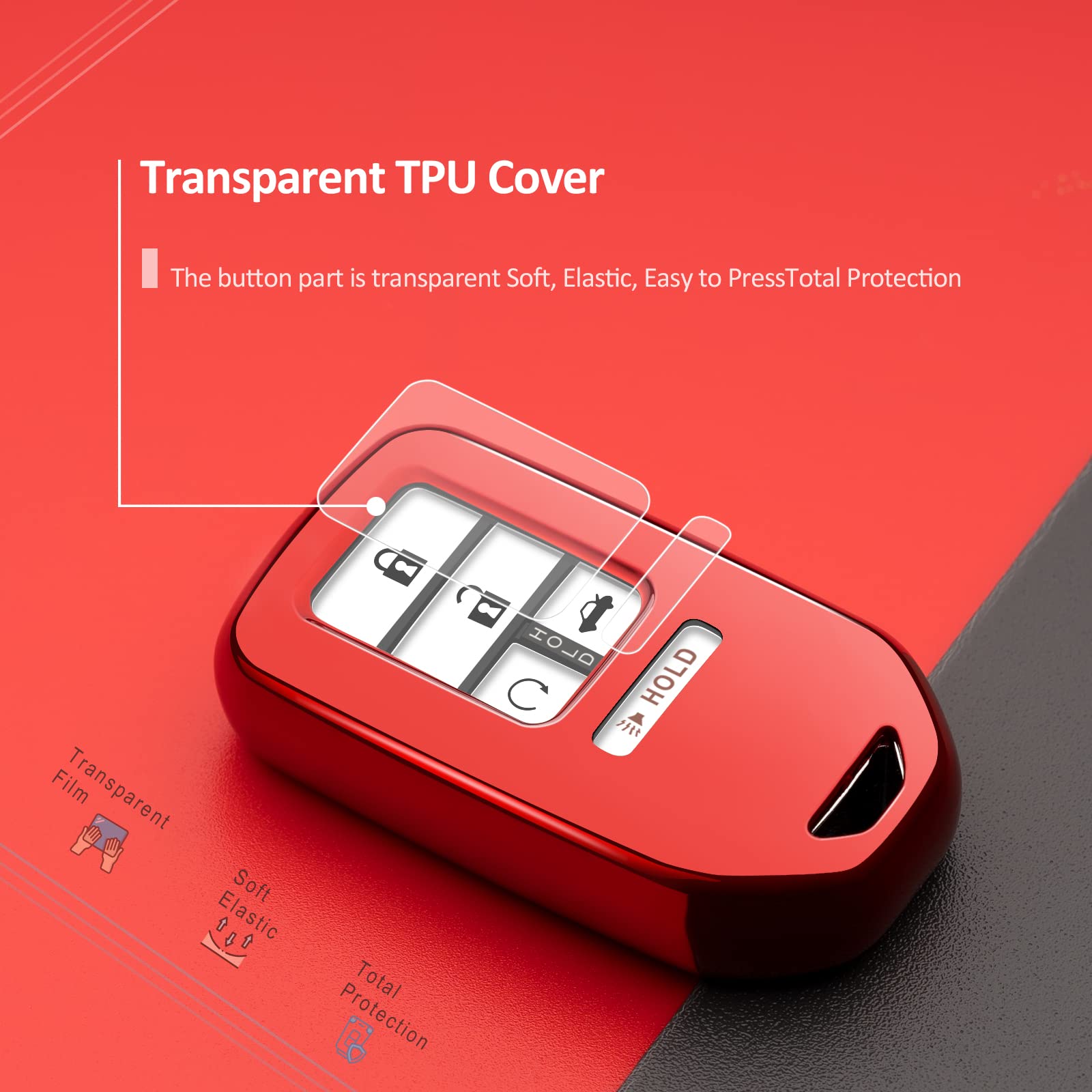 Durable Red TPU Key Fob Cover for Honda Civic Accord CRV Pilot Odyssey HRV Ridgeline - Car Key Case Protector with Keychain | Perfect for Everyday Use & Travel Accessories