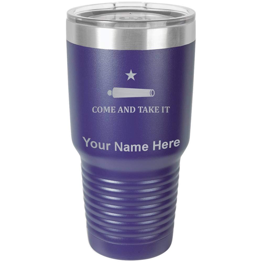 LaserGram 30oz Vacuum Insulated Stainless Steel Tumbler with Texas Come and Take It Flag Design - Personalized Engraved Dark Purple Travel Mug for Coffee, Tea & Cold Drinks - Perfect for Camping, Office & Outdoor Adventures