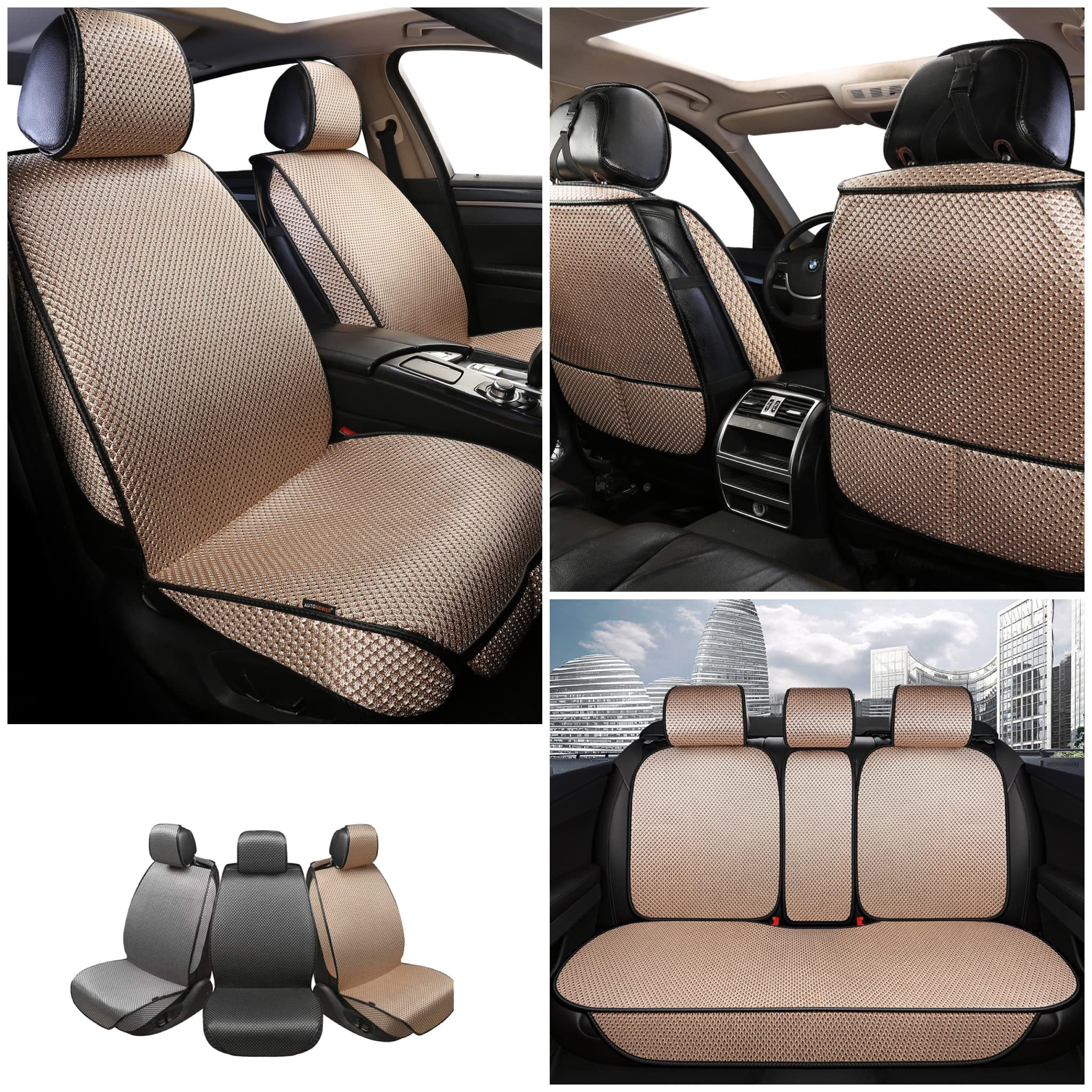 Premium 5-Seat Luxury Breathable Car Seat Covers Full Set - Universal Fit for 90% Cars, SUVs & Trucks - All-Season Comfort (Beige) | Perfect for Road Trips, Daily Commutes & Family Travel
