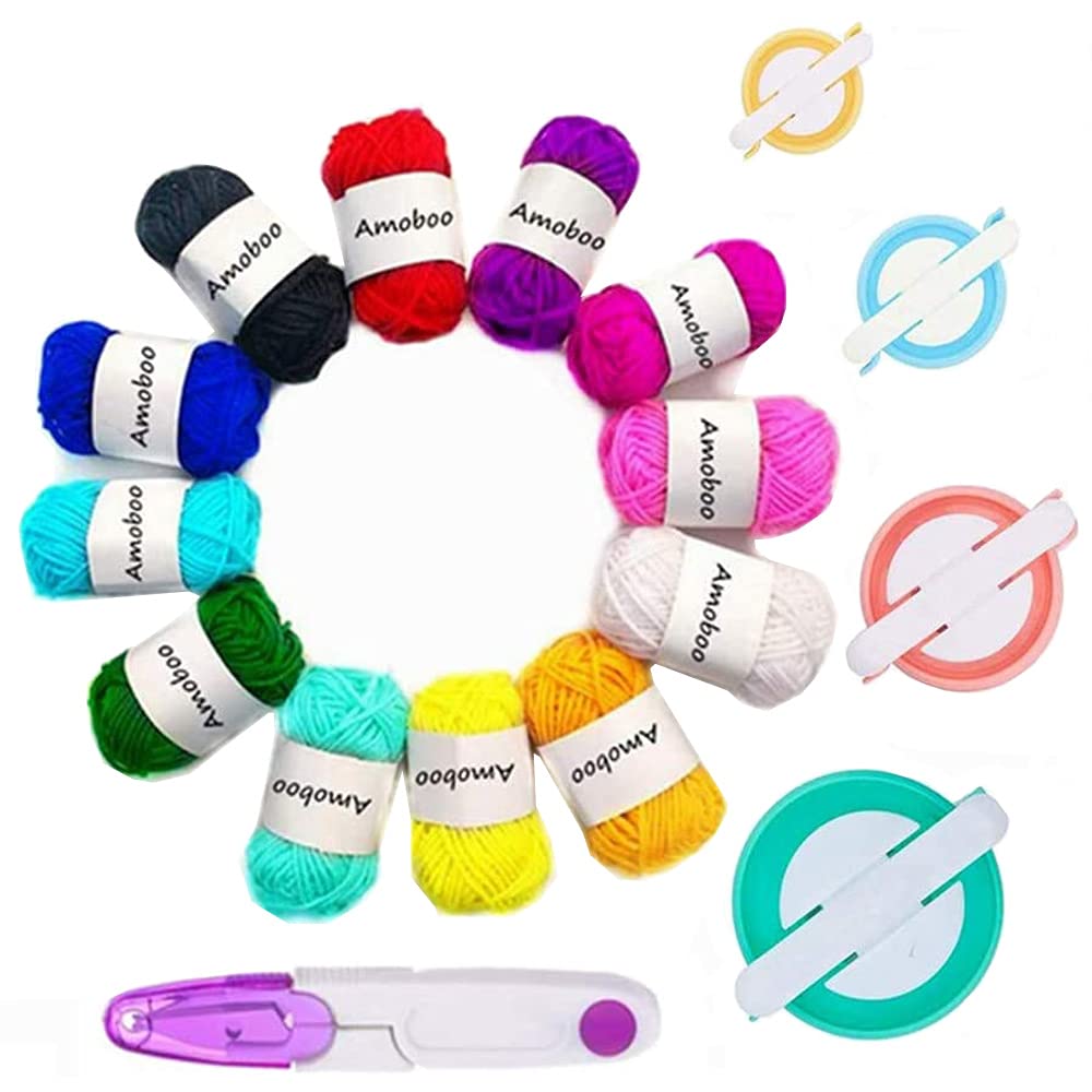 FEILEX 4-Size Pom Pom Maker Kit with 12Pcs Acrylic Yarn & Scissors - DIY Fluff Ball Weaver for Knitting, Needle Crafts - Perfect for Kids & Adults - Great for Home Decor, Gift Wrapping, and Handmade Projects