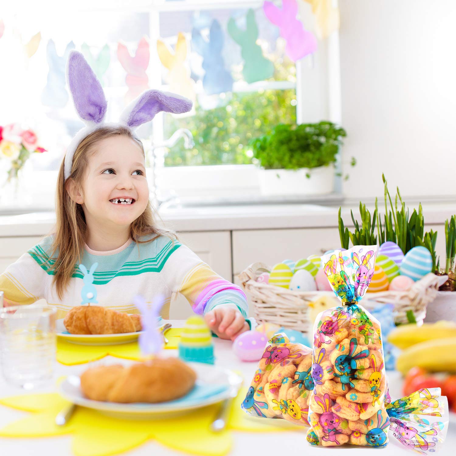100 Pack Easter Treat Bags - Bunny Candy Cellophane Goodie Bags for Easter Egg Hunt, Party Favors & Gift Giving (Rabbit Design) - Perfect for Classroom Treats, Birthday Parties & Holiday Celebrations