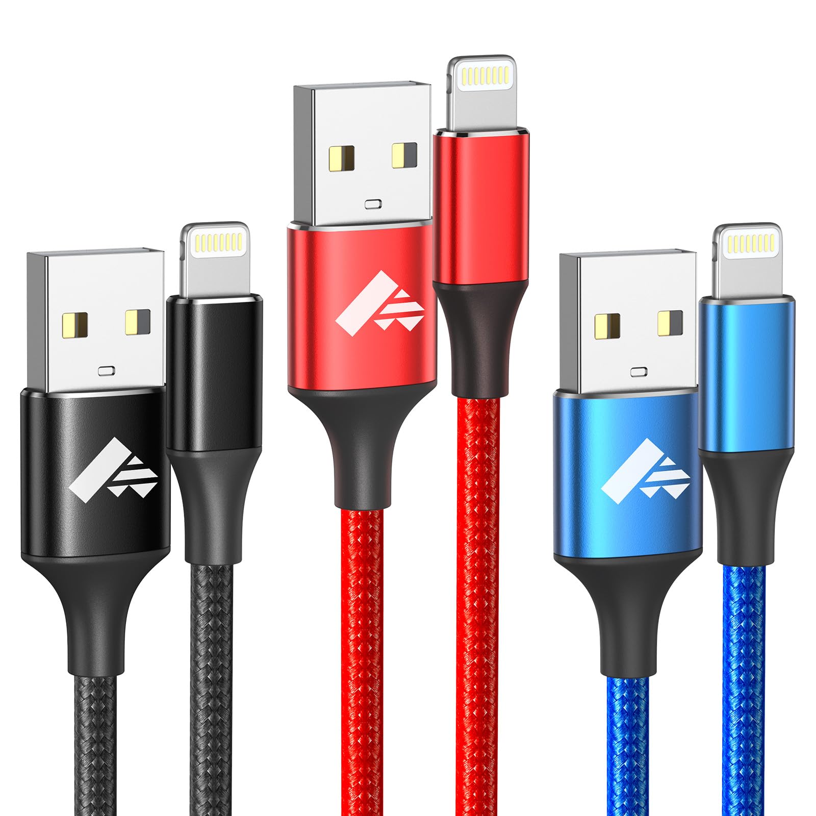 3-Pack MFi Certified iPhone Charger Cable - 2M Lightning Cable, Nylon Braided Fast Charging Cord for iPhone 14/13/12/11 Pro Max/XS/XR/X/8/7/6 Plus/5/5s/SE - Durable USB Charging Lead for Home, Office & Travel