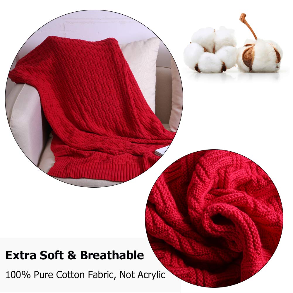 AGOOL Soft Cotton Red Cable Knit Throw Blanket - 50x70 Inch Cozy Blanket for Couch, Bed, Sofa & Beach - Home Decor Knitted Blanket with Silk Bow Tie Gift Packaging (2.2 lbs) - Perfect for Winter Snuggling, Picnics & Home Styling