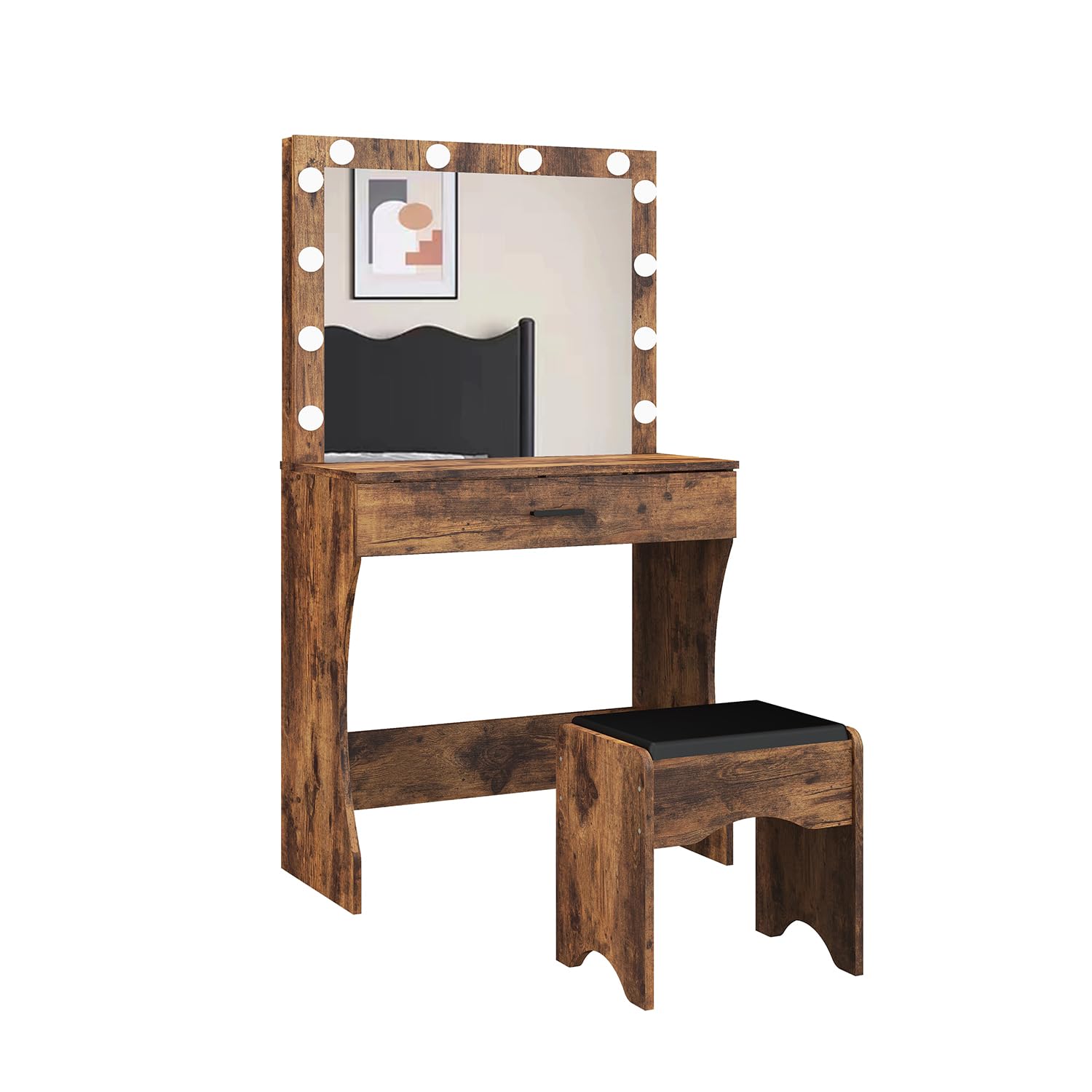 Vanity Desk with Mirror and Adjustable LED Lights, Makeup Vanity Table Set with Storage Drawer & Stool - Elegant Brown Dressing Table for Bedroom | Perfect for Beauty Routine, Makeup Application & Home Decor