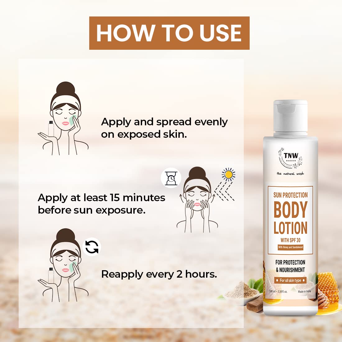 TNW - The Natural Wash SPF 30 Sun Protection Body Lotion with Sandalwood & Honey | 100ml | Moisturizing & UV Protection for Outdoor Activities, Beach & Daily Use