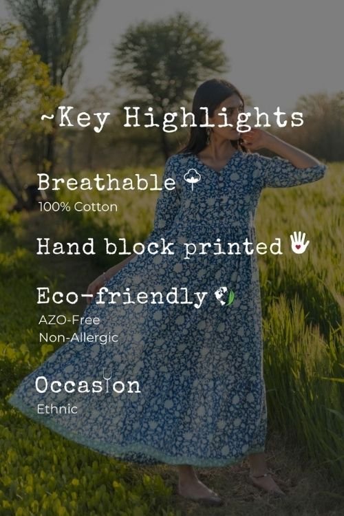 Azofree Handblock Printed Pure Cotton Dress - Sootisyahi Bloom Mist | Breathable & Comfortable for Summer, Casual Outings & Boho Fashion