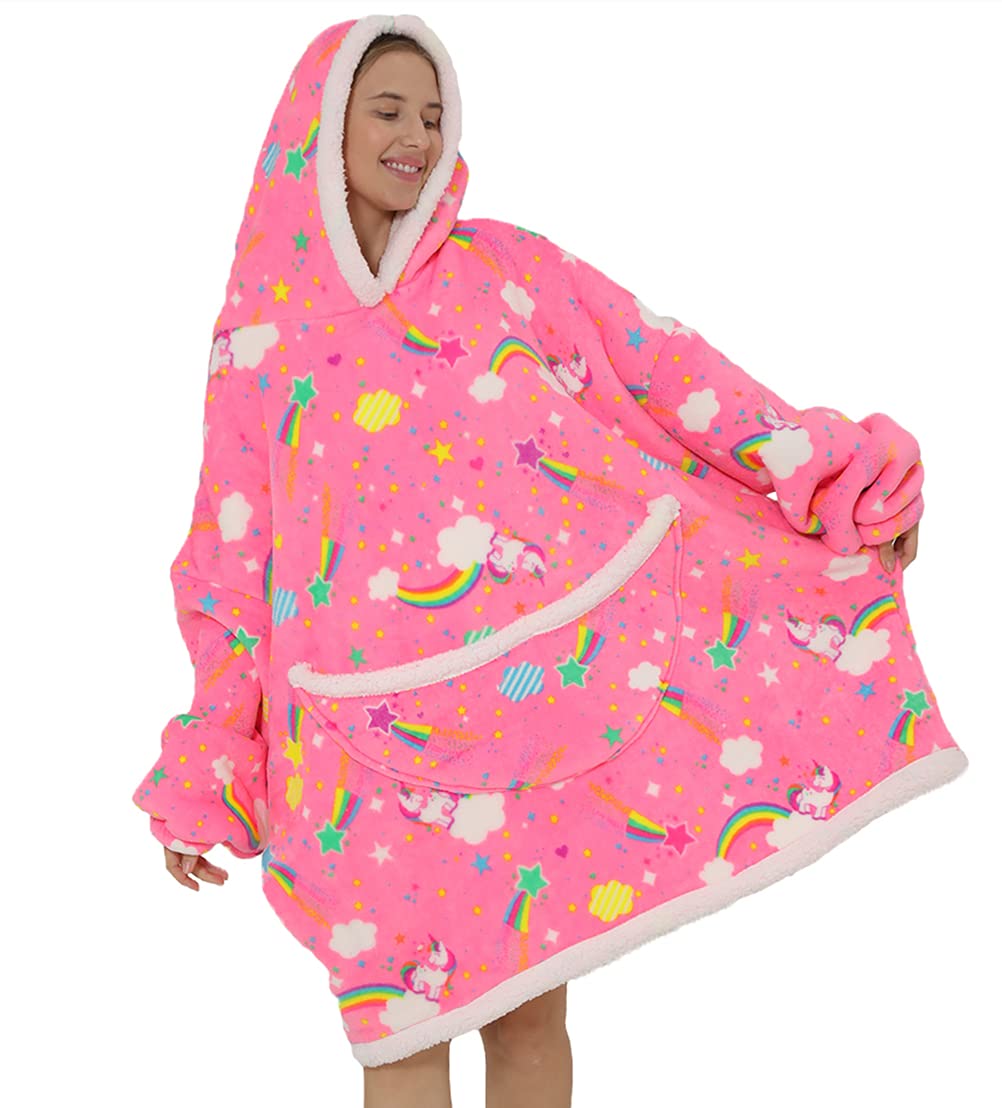 Cozy Wearable Blanket Hoodie for Women & Men - Oversized Sherpa Sweatshirt Blanket, Comfy Giant Hooded Sweater for Adults & Kids (Rainbow Horse) - Perfect for Lounging, Movie Nights & Cold Weather