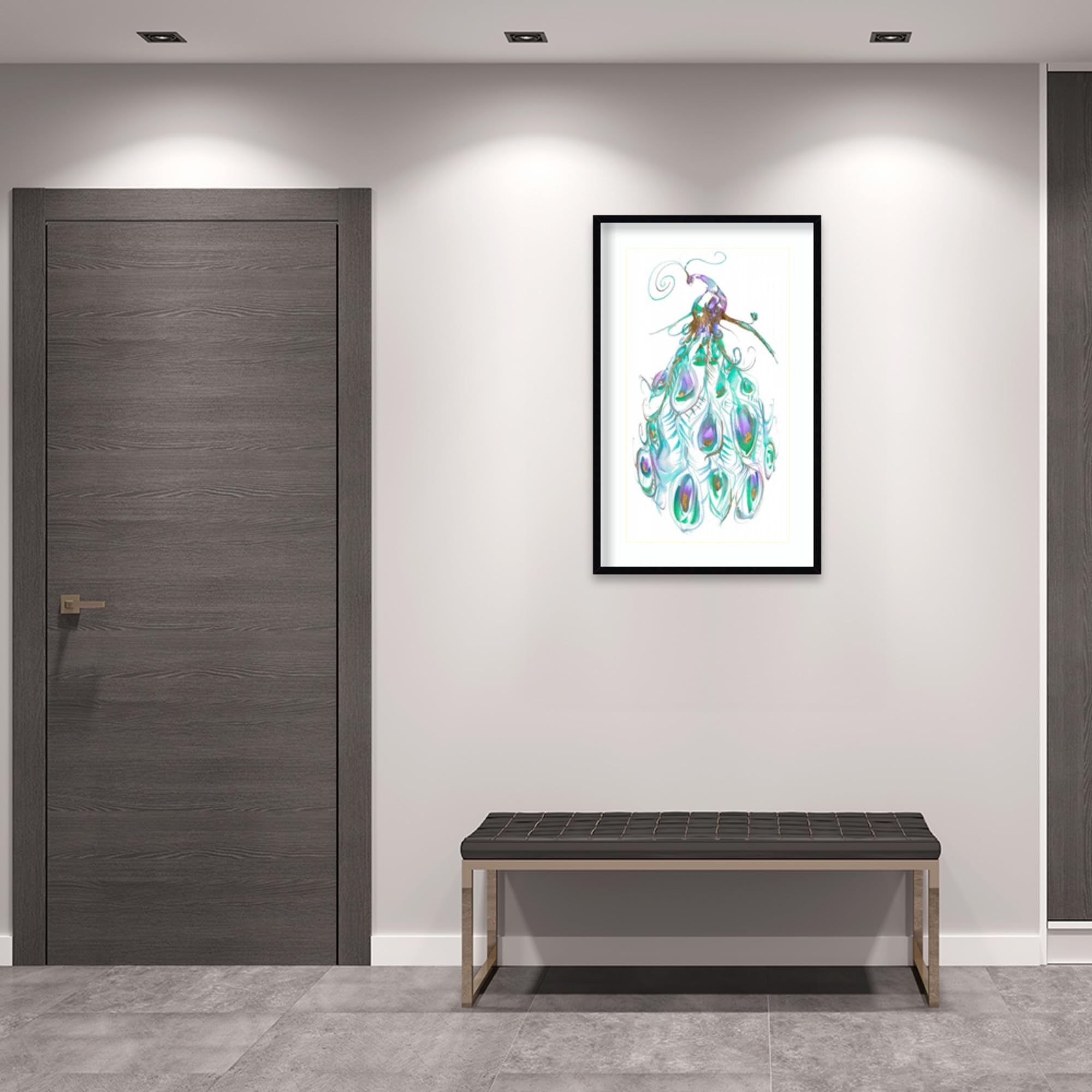 Amanti Art Framed Wall Art Print 41x26 - Gilded Peacock Plumes by Jennifer Goldberger | Animal Wall Decor | Modern Contemporary Painting for Living Room, Bedroom, Bathroom | Large Poster Artwork for Home & Office Decor