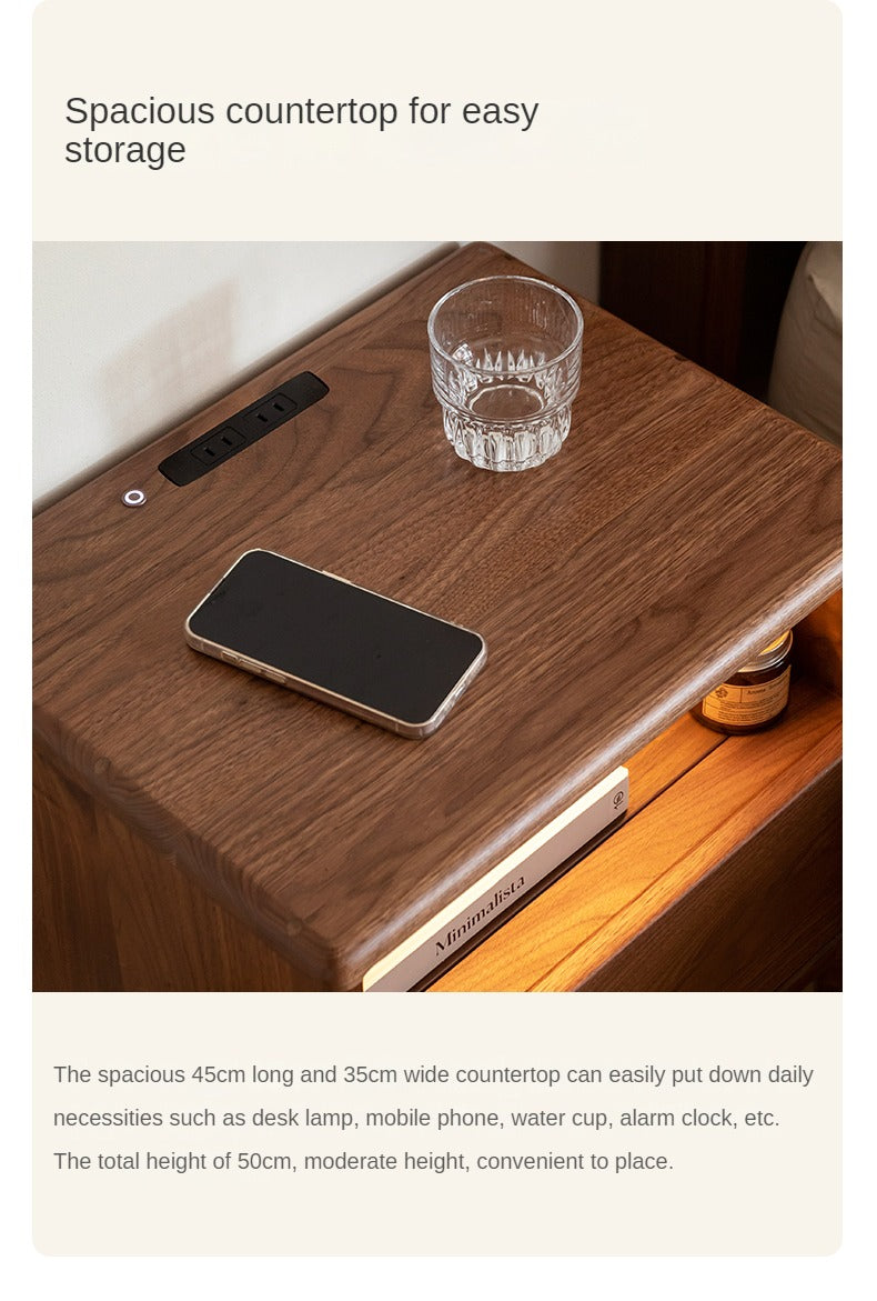 Premium Black Walnut & Ash Solid Wood Nightstand with Built-in Light - Modern Bedside Table for Bedroom Decor & Small Space Storage