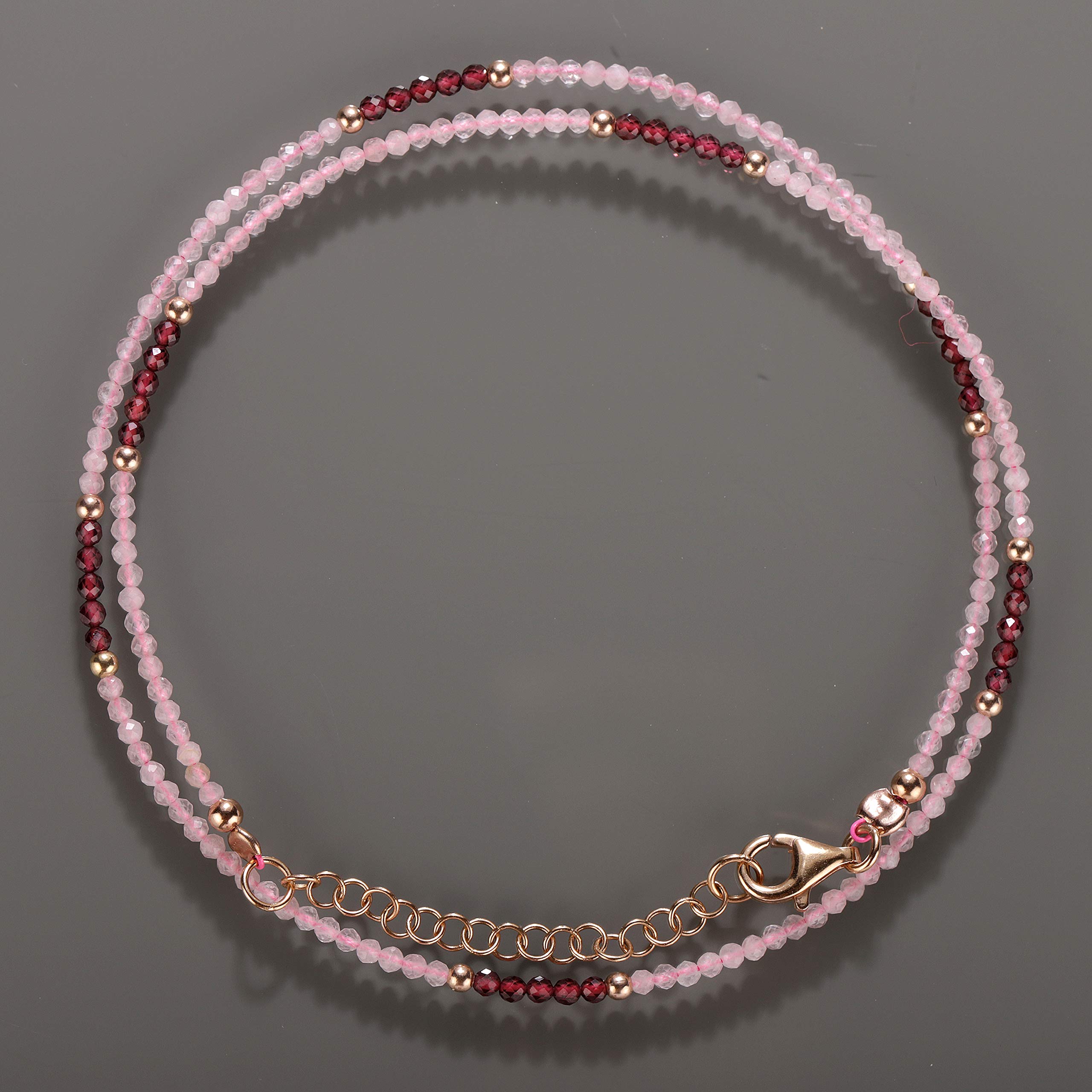 Rose Quartz & Purple Garnet Beaded Stone Necklace - Sterling Silver with Rose Gold Plated Chain | Healing Crystal Jewelry for Meditation, Yoga & Spiritual Gifts