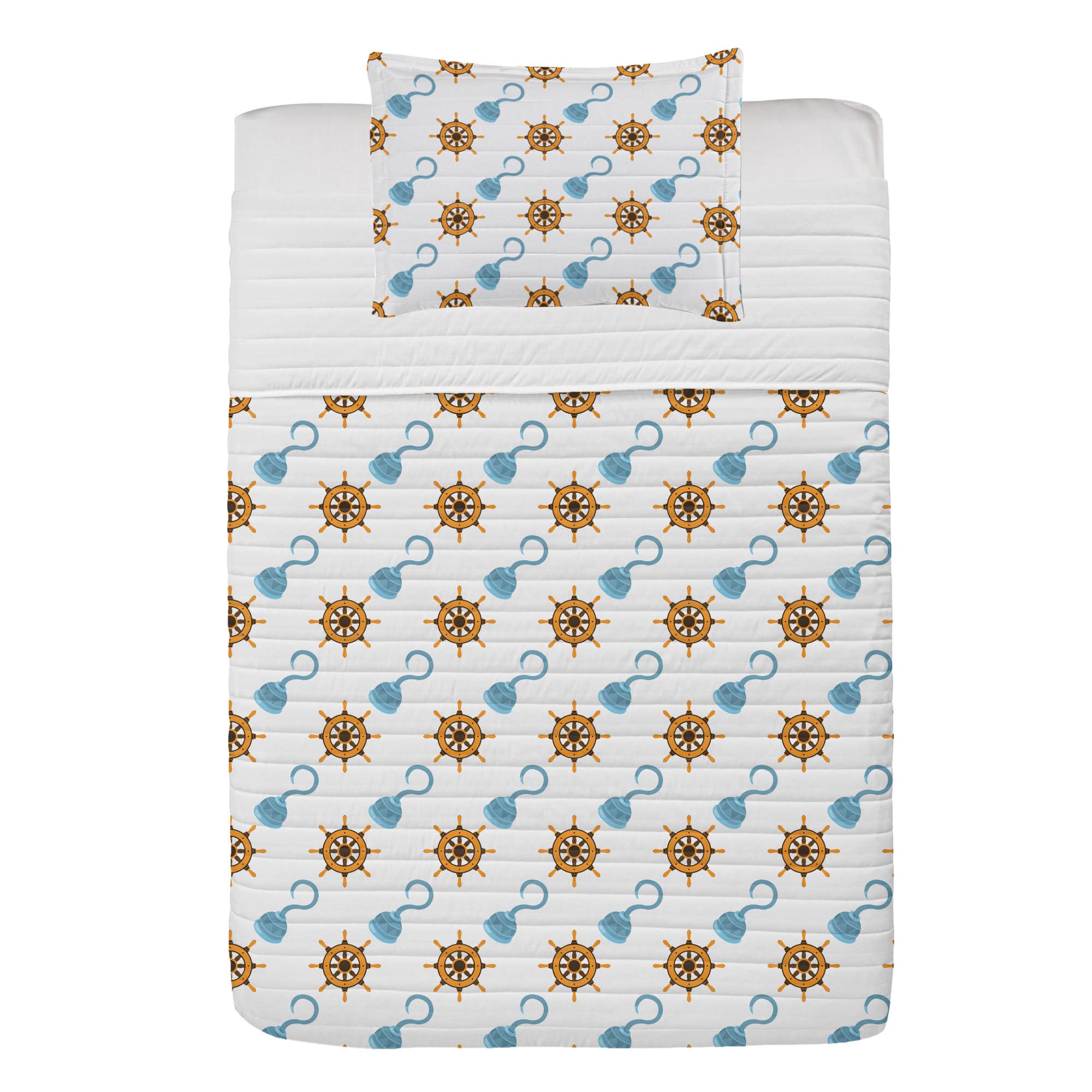 Ambesonne Pirate Theme Microfiber Bedspread Set - Wooden Rudder Steering Wheel & Hook Design, Soft Twin Size Bedding Set with Pillow Sham & Comforter in Blue Grey White Orange - Perfect for Kids' Room, Nautical Themed Bedroom or Pirate Party Decor