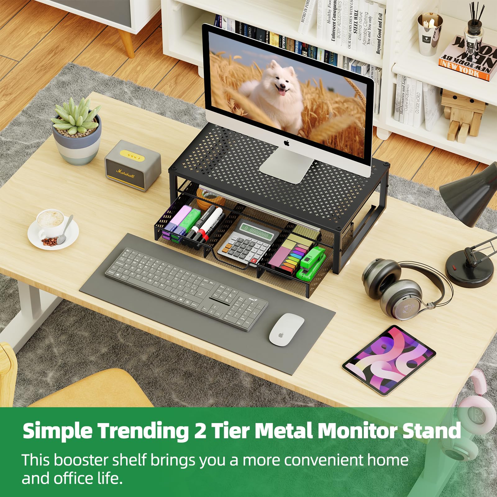 Simple Trending Metal Monitor Stand Riser with Drawer - Black Computer Desk Organizer for Laptop, iMac, and PC - Perfect for Home Office and Gaming Setup
