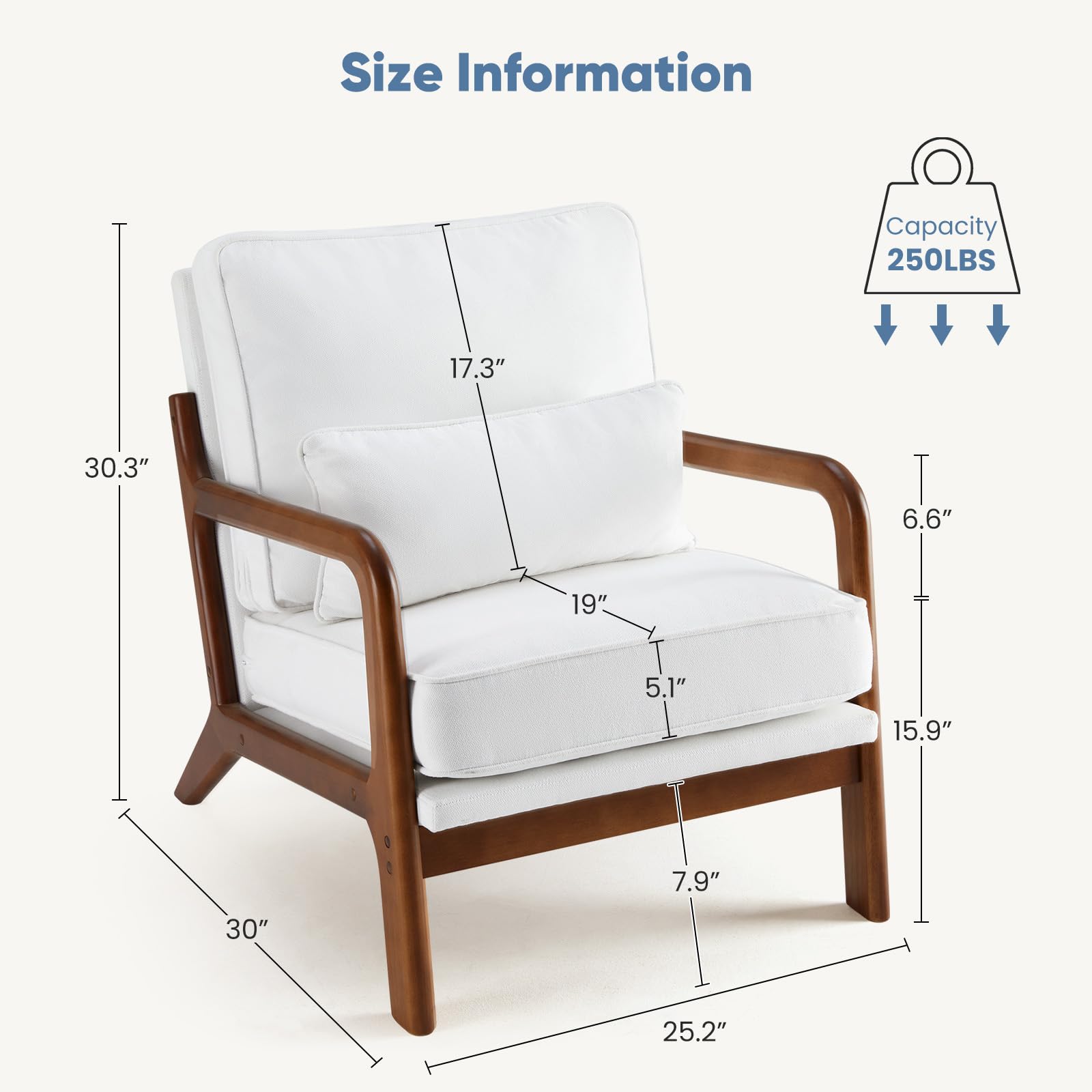 DUMOS Mid Century Modern Accent Chair with Pillow Seat - Upholstered Lounge Chair with Solid Wood Frame & Soft Cushion - Comfortable Reading Armchair for Living Room, Bedroom, Office, Balcony - Beige Home Decor