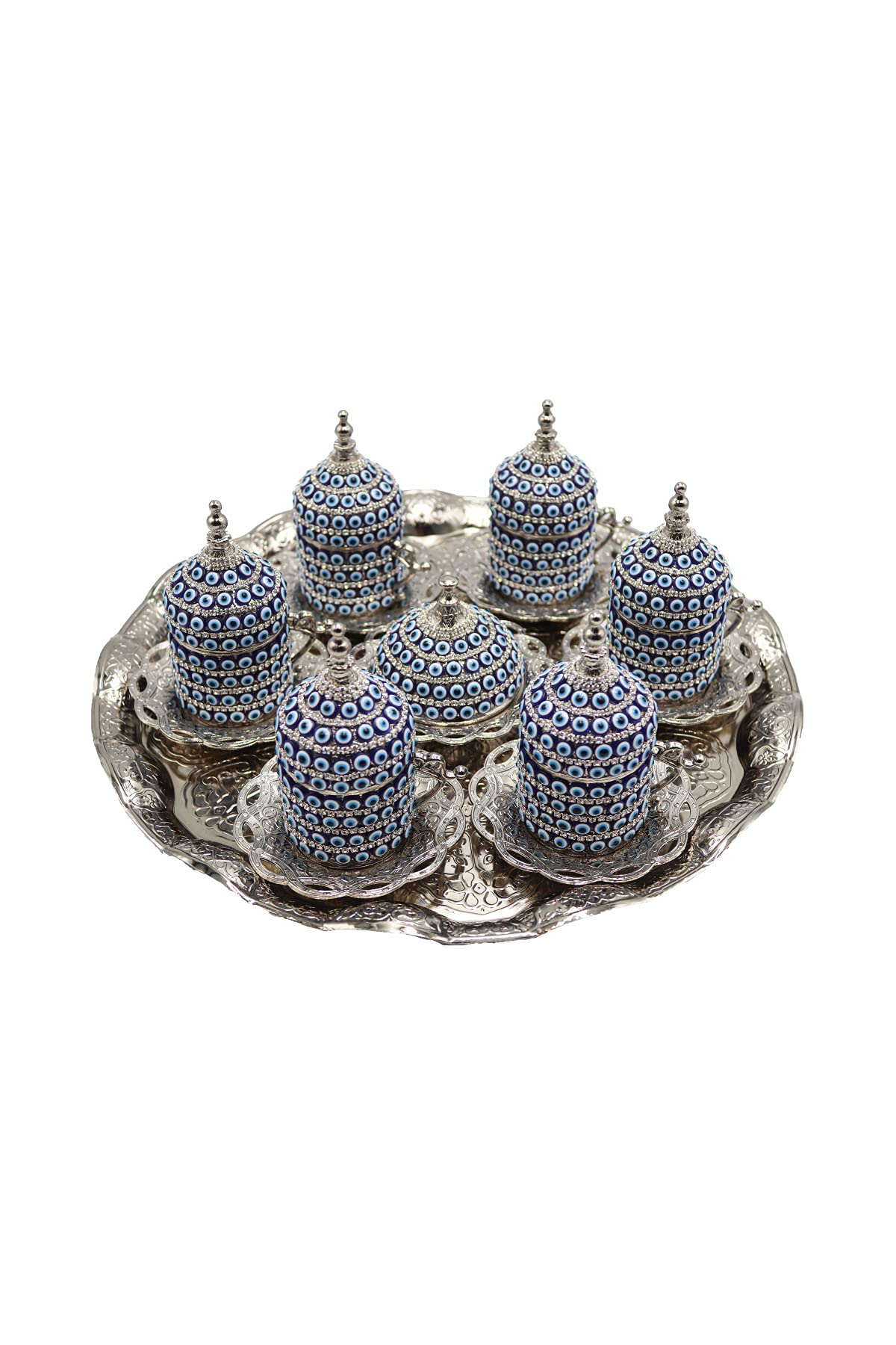 Premium Turkish Espresso Coffee Cups Set of 6 - Crystal Clear Ottoman Style with Gold Trim & Silver Accents for Arabic Greek Coffee, Includes Teapot & Ewer - Perfect for Home Cafes, Gift Giving & Traditional Coffee Ceremonies