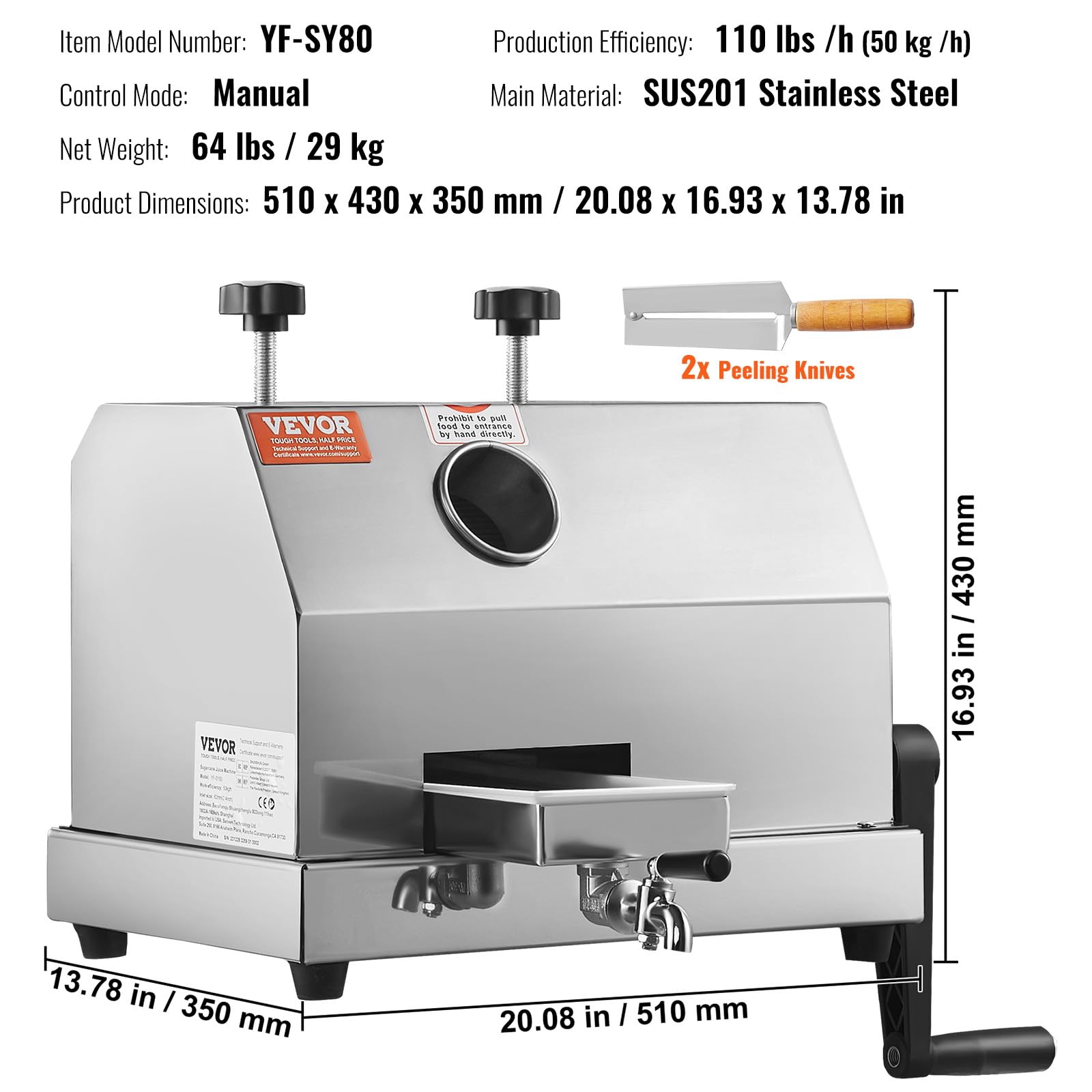VEVOR Commercial Sugar Cane Juicer Machine - 110LBS/H High Output with 3 Stainless Steel Rollers, 2.4