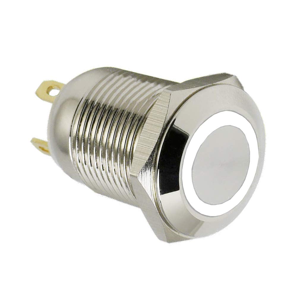 ESUPPORT 12mm White LED Momentary Push Button Switch - 2A 250V, Stainless Steel Waterproof, for Car, Boat, Marine, RV & Industrial Control Panels