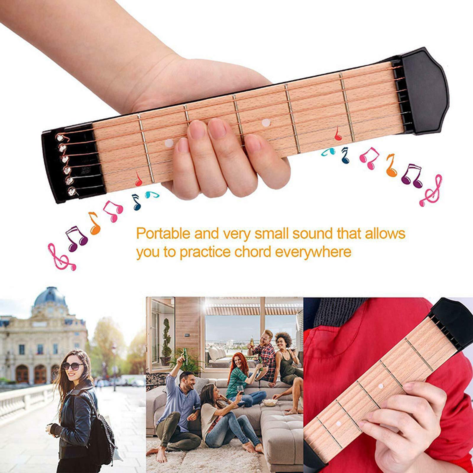 Portable Wooden Pocket Guitar - Beginner Chord Trainer & Fingering Practice Tool - Compact Travel Guitar for On-the-Go Musicians - Perfect for Home Practice, Travel & Outdoor Jam Sessions