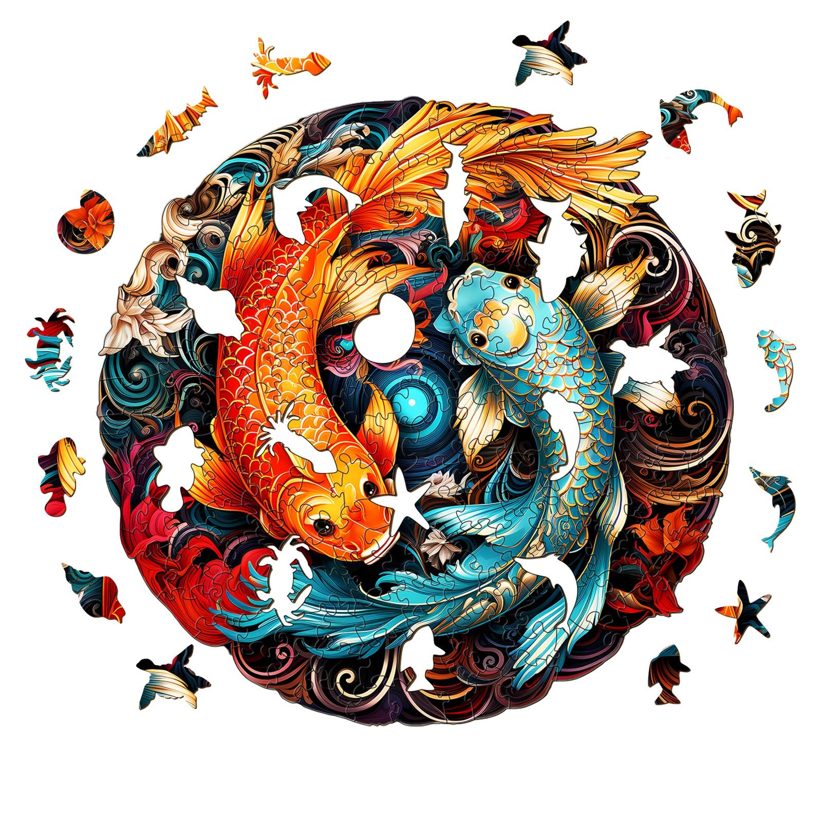 KAAYEE Wooden Animal Puzzles for Kids - Fish Yin Yang Shape, Educational Montessori Toys with Gift Box - Perfect for Preschool Learning, Birthday Gifts & Family Game Night