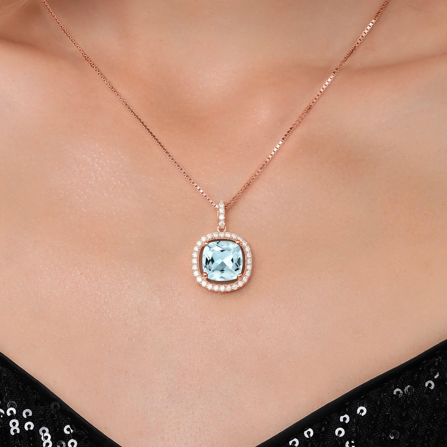 18K Rose Gold Plated Silver 12MM Cushion Birthstone & White Moissanite Halo Pendant Necklace for Women | 18 Inch Silver Chain | Elegant Gift for Birthday, Anniversary & Special Occasions