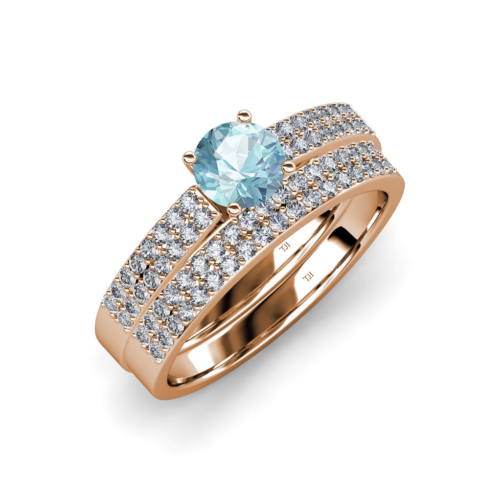 1.65ctw Aquamarine & Diamond Double Row Engagement Ring & Wedding Band Set in 14K Rose Gold – Perfect for Proposals, Weddings & Anniversaries