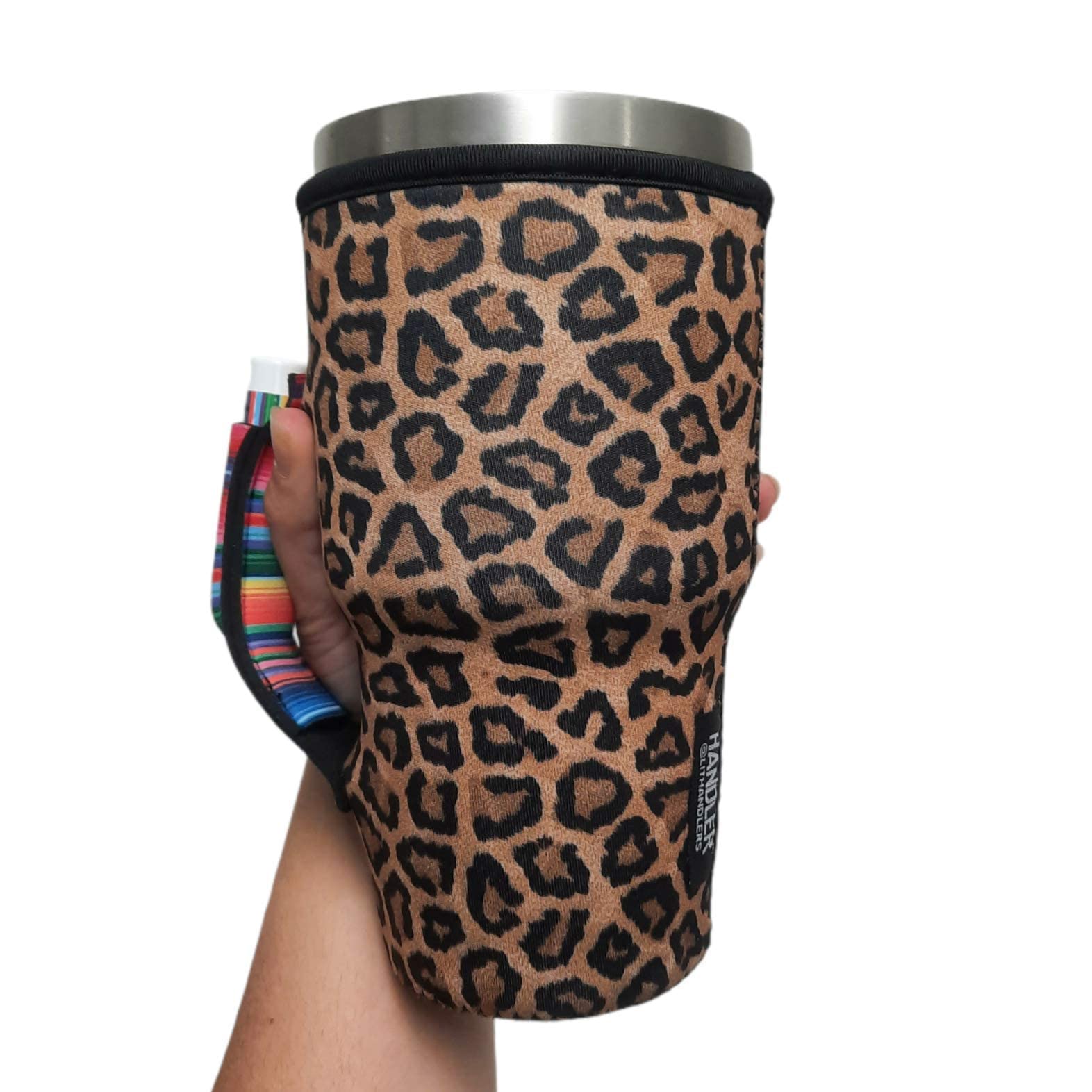 Lit Handlers Insulated Neoprene Tumbler Sleeve with Handle & Pocket - 30-38oz Leopard Print Cup Cover for Beer, Cans & Shaker Bottles - Water Resistant Drink Holder for Coffee, Travel & Gym Use
