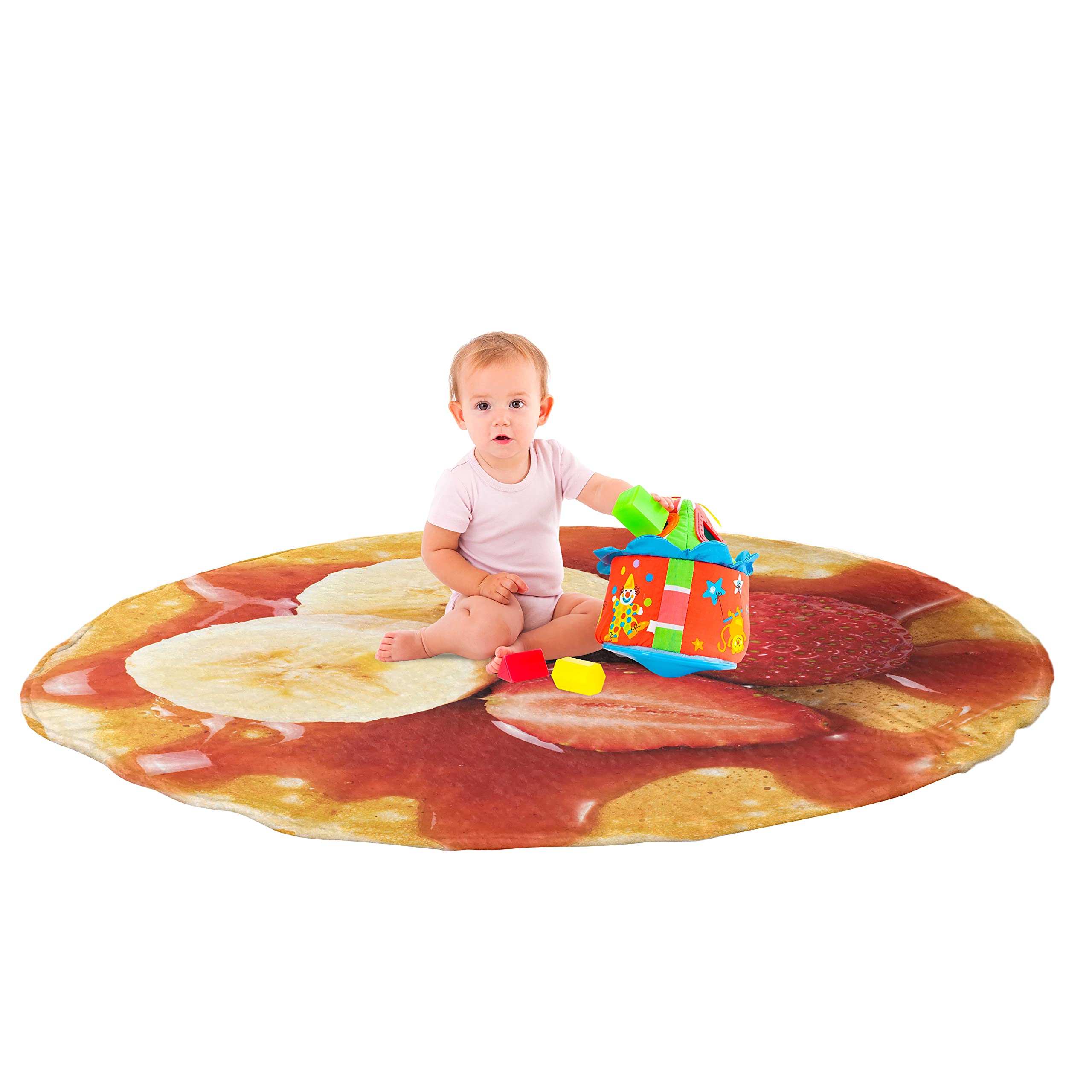 Ambesonne Round Pastry Blanket - Pancake with Maple Syrup & Banana Strawberry Design | Lightweight Summer Breakfast Throw Blanket | 60-Inch Round Bed Cover Gift for Husband | Ruby Apricot Burgundy | Perfect for Cozy Mornings, Picnics & Gift Giving