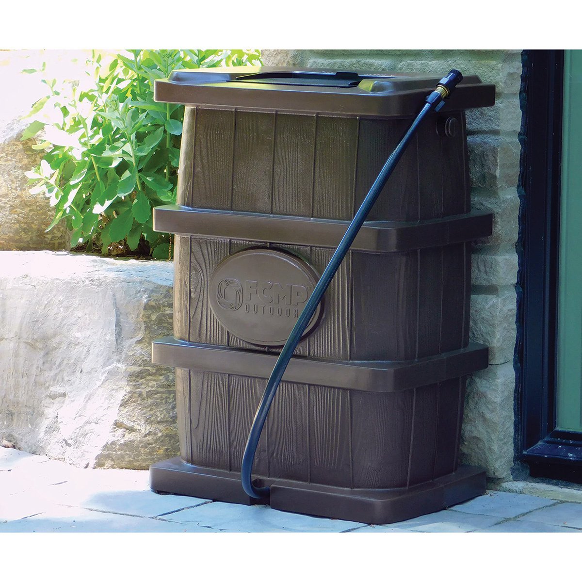 45 Gallon FCMP Outdoor Wood Grain Rain Barrel - Water Collection for Gardens, Lawns & Eco-Friendly Landscaping
