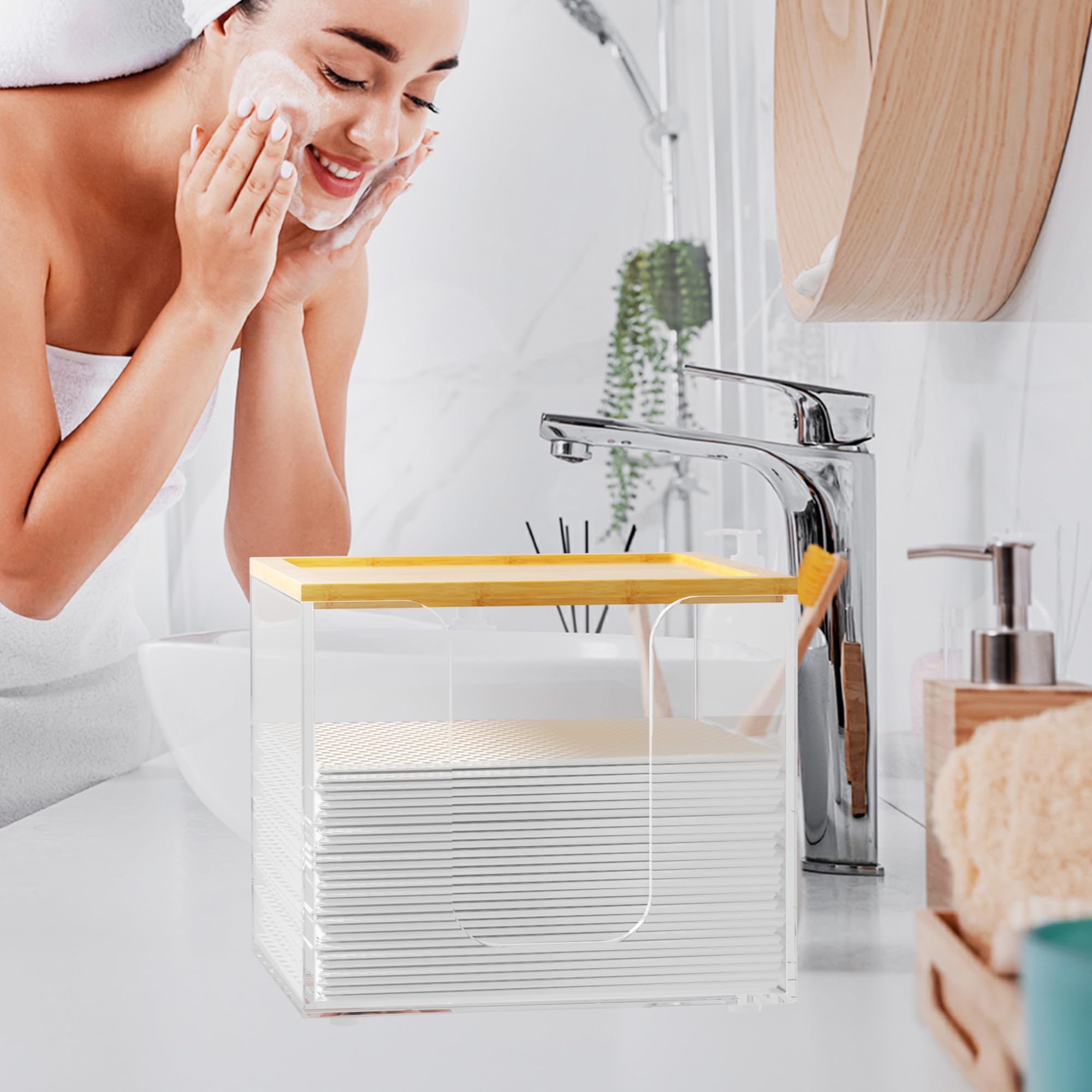VITVITI Disposable Face Towel Holder Box - Acrylic Facial Tissue Container for XL Clean Skin Club Towels | Large Storage with Bamboo Lid | Perfect for Bathroom Vanity, Makeup Organization & Spa Essentials