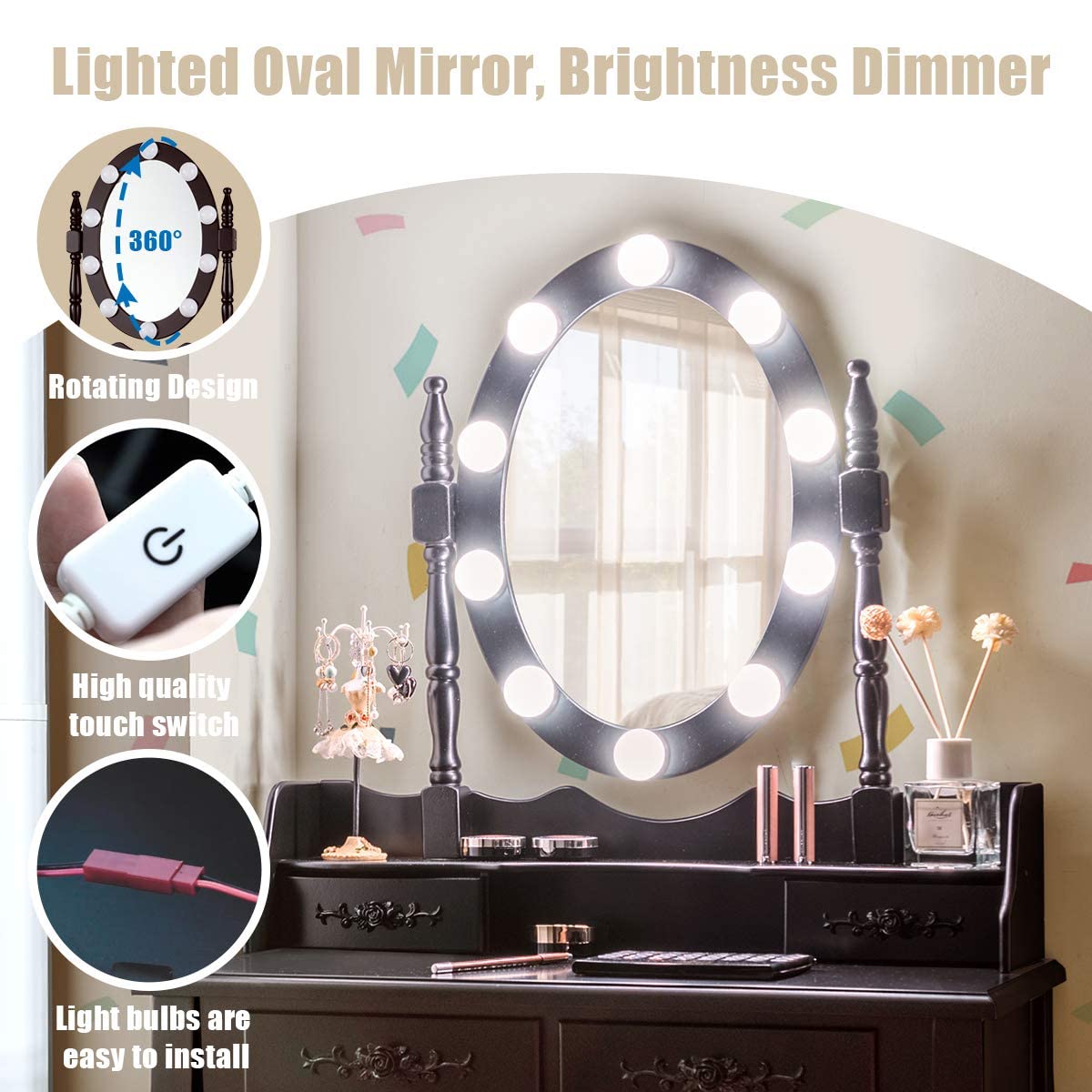 Giantex LED Makeup Vanity Table with Adjustable Brightness & 3 Light Modes - 10 LED Lights, Rotatable Mirror, 4 Drawers & Cushioned Stool - Dressing Table for Bedroom, Home Decor & Beauty Salon (Espresso) - Perfect for Makeup Application, Skincare Routine & Hair Styling