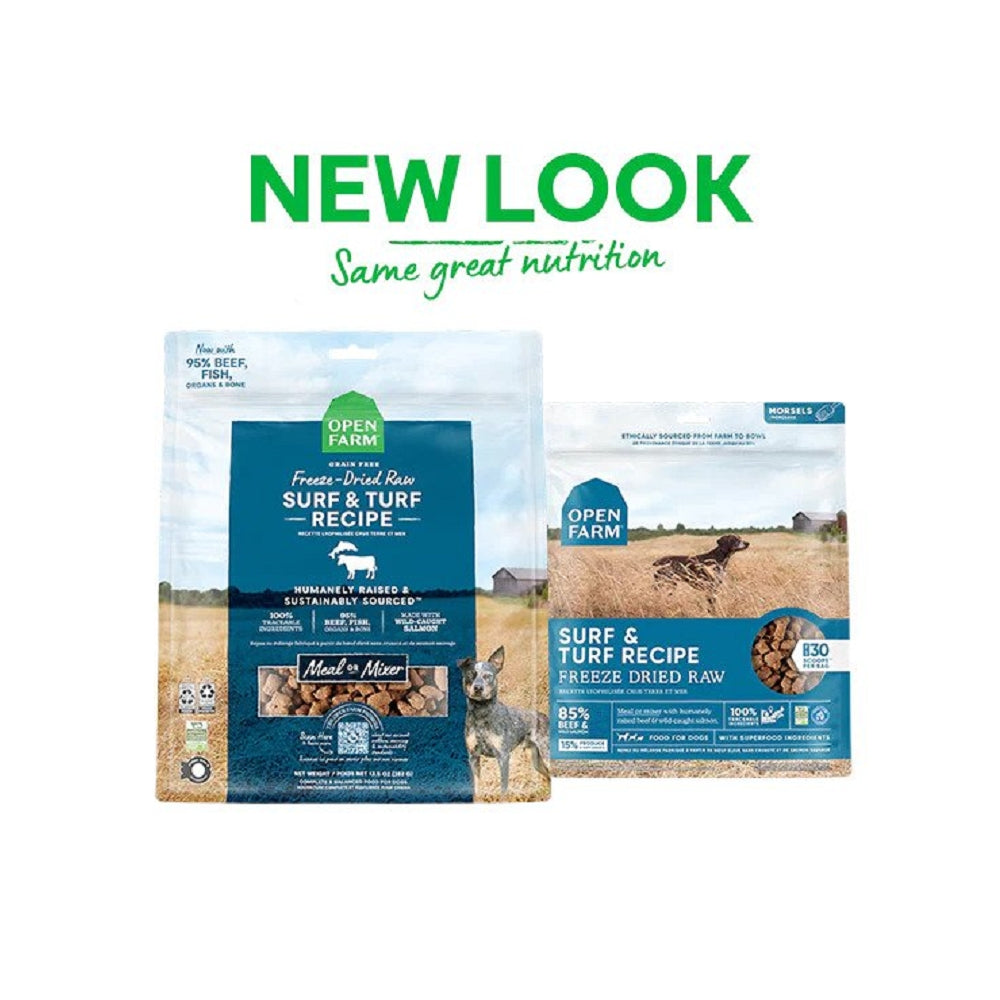 Premium Freeze Dried Surf & Turf Dog Food - All Natural Beef & Salmon Recipe - Grain Free, High Protein for Active Dogs - Perfect for Training, Hiking & Outdoor Adventures
