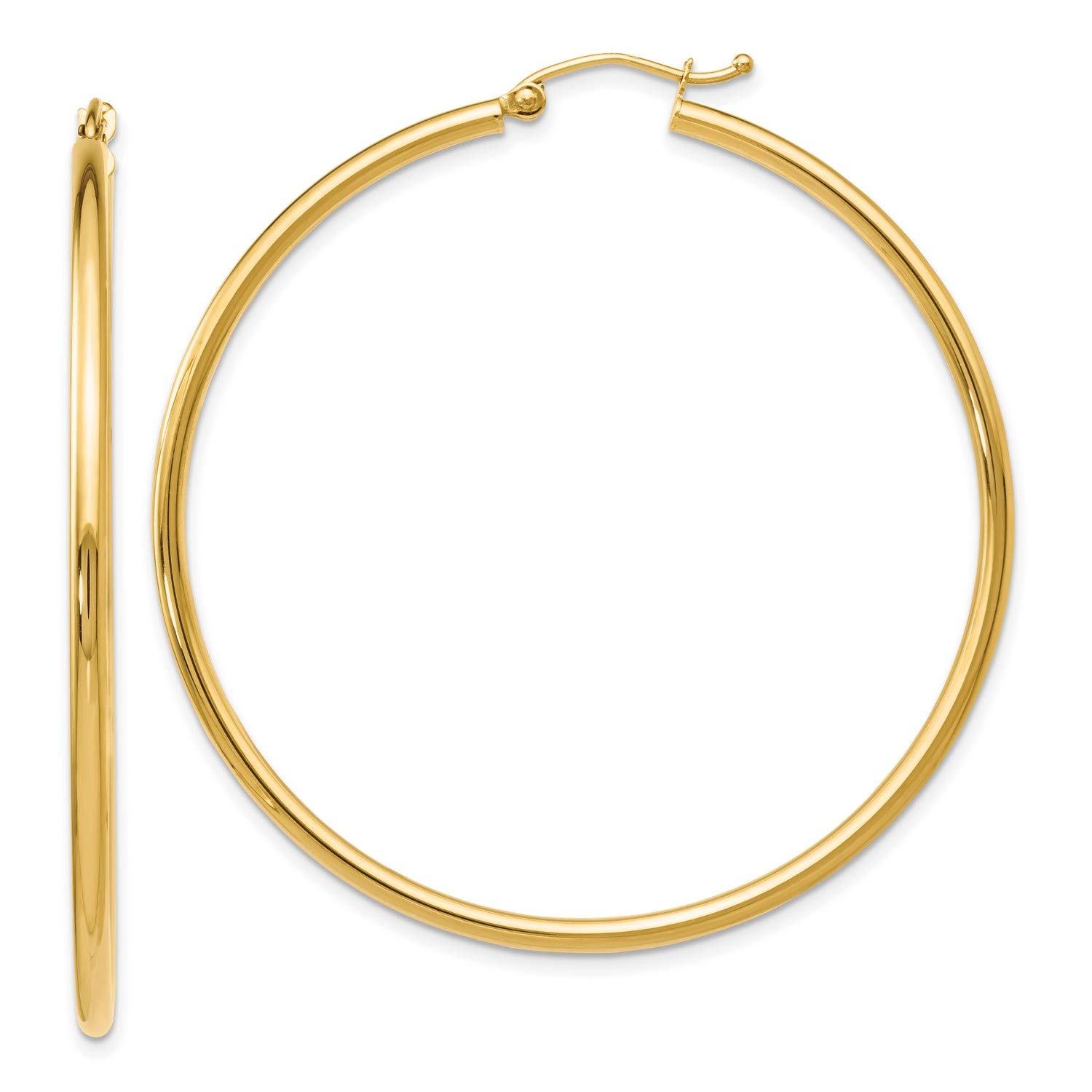 14K Yellow Gold 2mm Hoop Earrings for Women - 51x49mm Polished Round Huggie Earrings - Perfect for Everyday Wear, Parties & Gifts