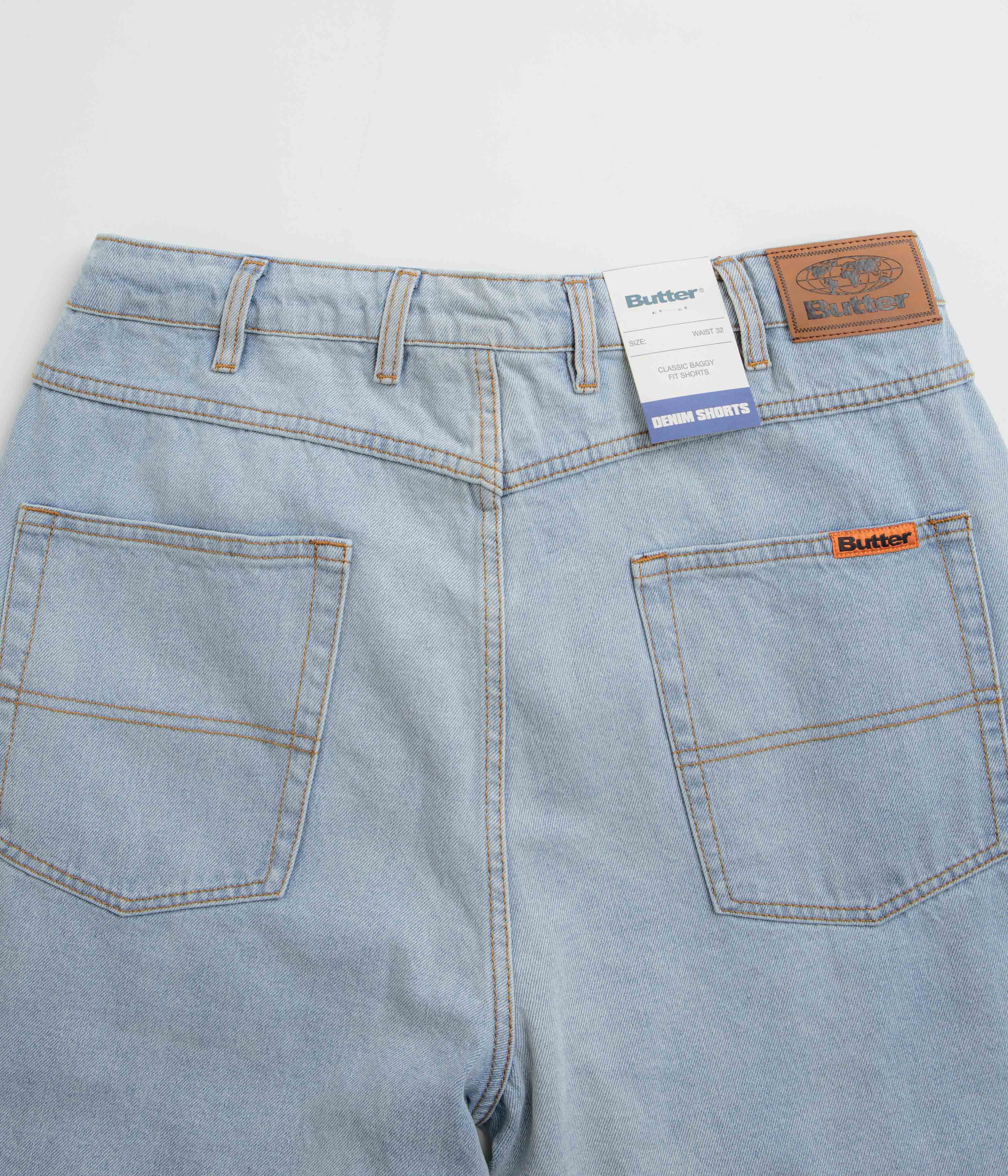 Butter Goods Baggy Denim Shorts for Men - Light Blue Washed Distressed Denim Shorts | Casual Streetwear, Summer Outfits, Beach Style