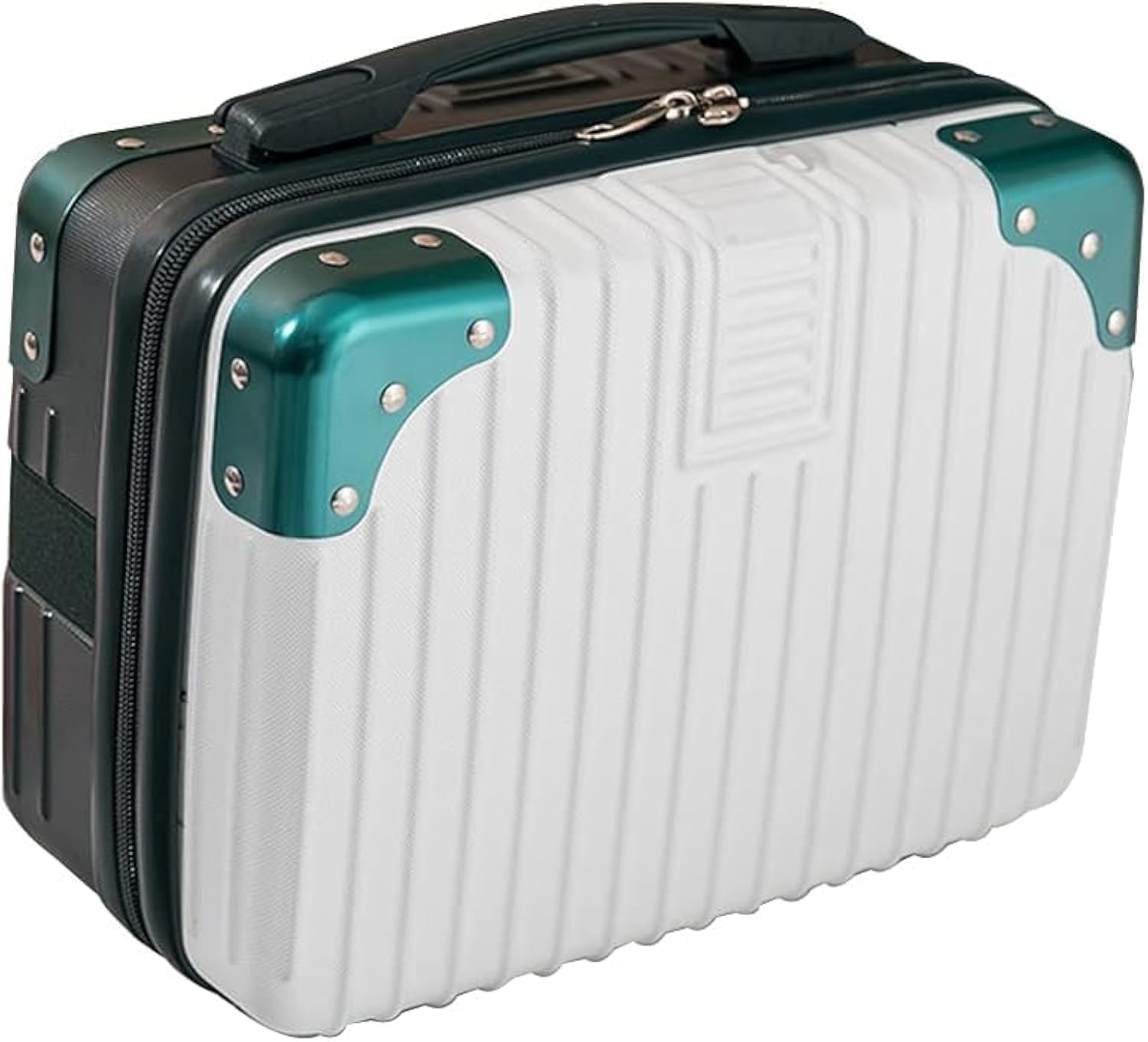 EVVIX 14 Inch Small Hard Shell Cosmetic Case - Travel Makeup Organizer for Women | Portable Carry-On Luggage, Kids Suitcase & File Storage Box | Durable ABS Mini Trunk in Royal Green & White | Perfect for Air Travel, Weekend Getaways & Home Organization