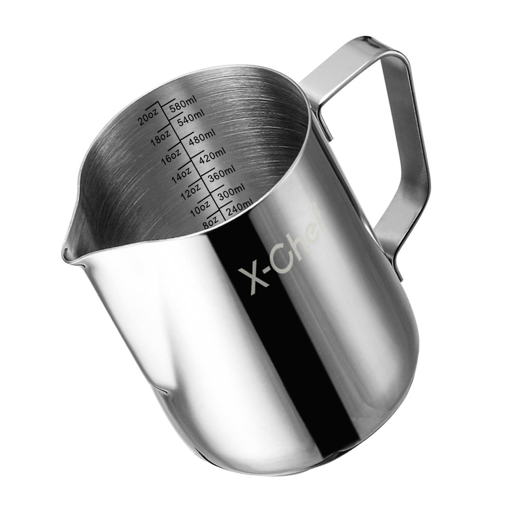 X-Chef 20 oz Stainless Steel Milk Frothing Pitcher - Professional Barista Tool for Espresso, Latte & Cappuccino - Perfect for Coffee Shops & Home Brewing (600ml)