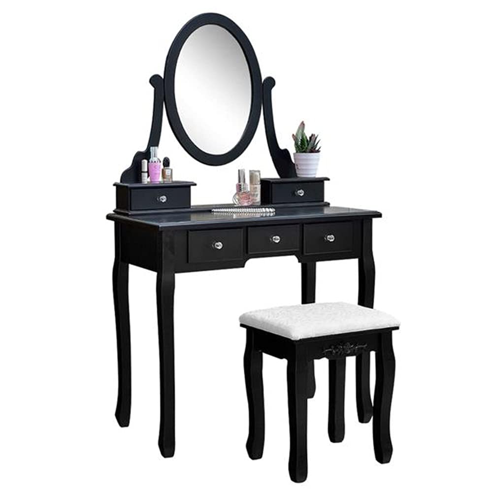360° Rotating Makeup Vanity Dressing Table with Stool Set - 5 Drawers White Dressing Desk & Cushioned Seat - Single Mirror Cosmetic Organizer for Women & Girls (Black) - Perfect for Bedroom, Bathroom & Dressing Room Beauty Routine