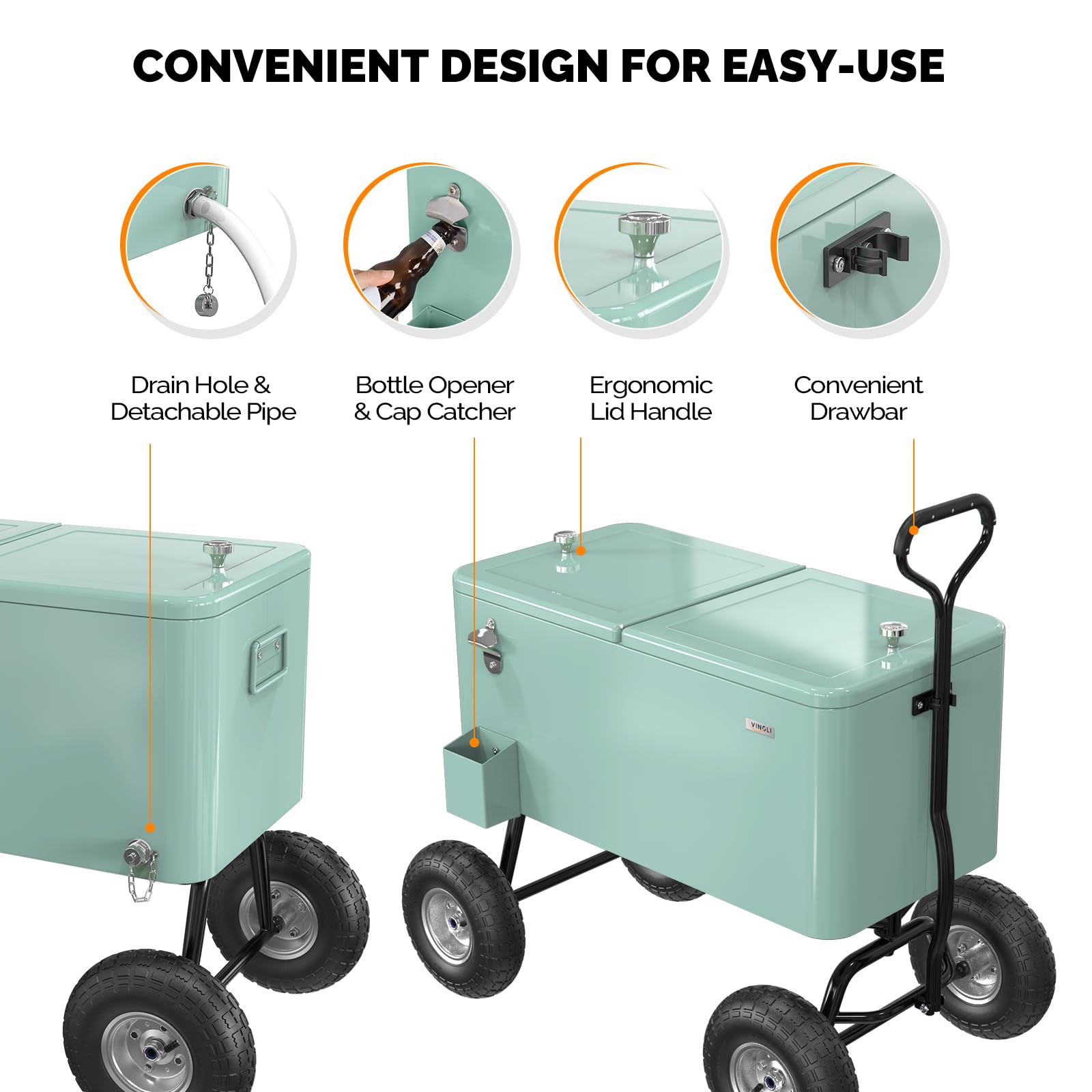 VINGLI 80 Quart Rolling Cooler with Wheels - Heavy Duty Ice Chest for Beach, Camping, Tailgating & Outdoor Parties - Portable Cooler Cart with Long Handle & 10