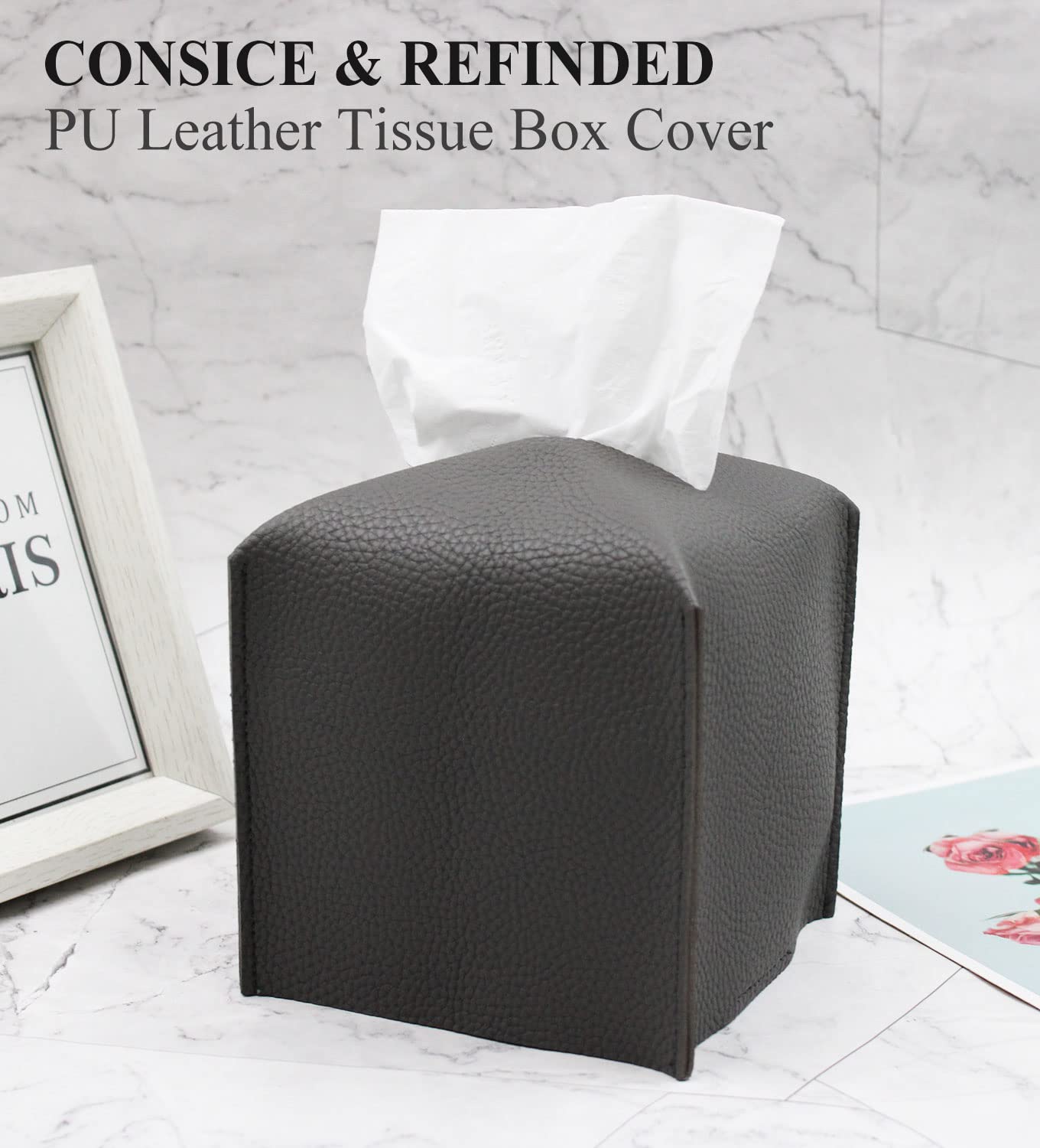 Livelab Square PU Leather Tissue Box Cover - Modern Decorative Tissue Holder for Bathroom, Vanity, Nightstand, Desk & Car (5x5x5 Inches, Dark Gray) | Home Office & Car Organization Accessory