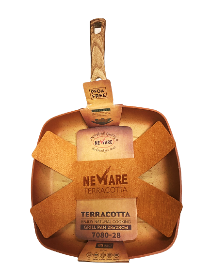 NEWARE Terracotta Square Grill Pan 11-Inch (28cm) - Perfect for Searing Meat, Vegetables & More - Ideal for Grilling, Roasting & Browning in Kitchen & Outdoor Cooking