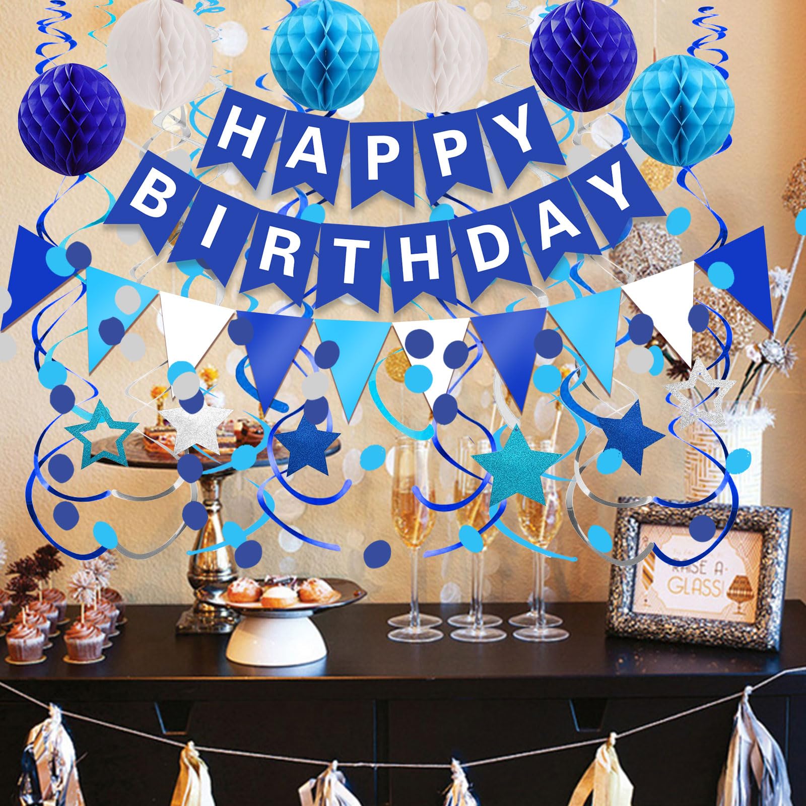 FECEDY Navy Blue Happy Birthday Banner - Party Decorations with Paper Bunting, Circle Confetti, Garland Swirl Streamers & Honeycomb Balls - Perfect for Birthday Parties, Baby Showers & Celebrations