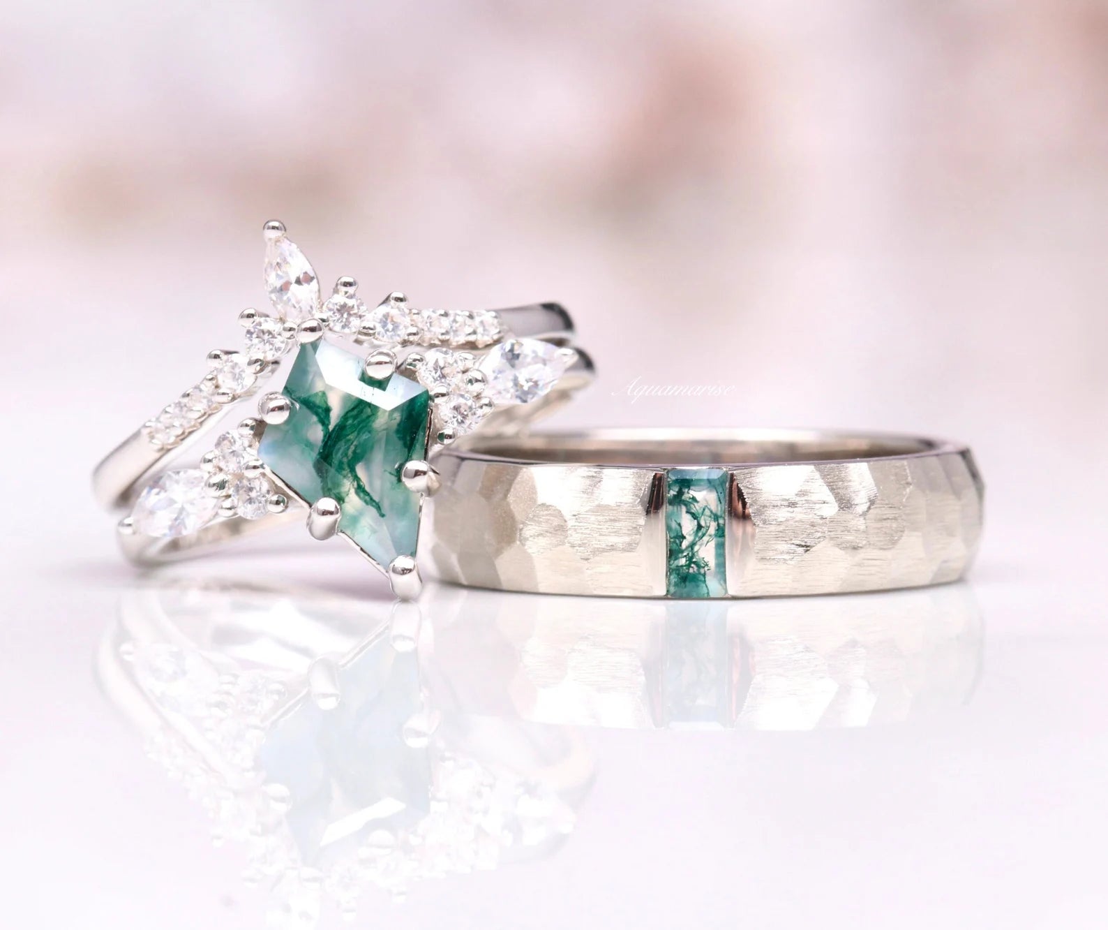 Skye Kite™ Moss Agate Couples Ring Set - Matching His & Hers Wedding Bands, Natural Stone Promise Rings for Couples - Perfect for Anniversaries, Engagements, and Romantic Gifts