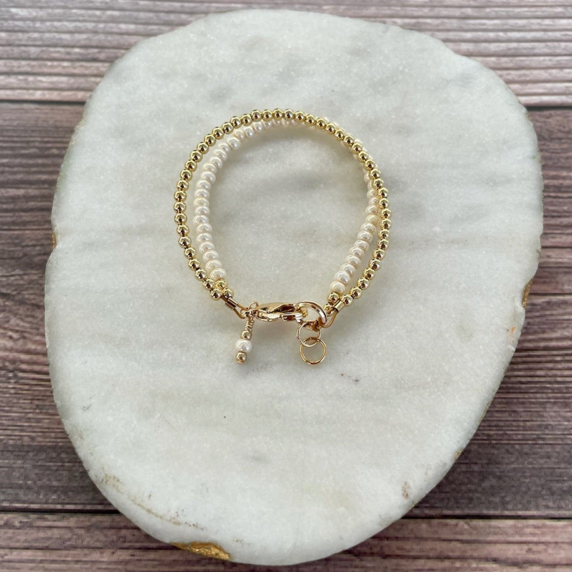 14K Gold Double Strand Bracelet - Mini Luster Ivory Pearl Beaded Jewelry for Women | Elegant Gift for Anniversary, Wedding & Special Occasions