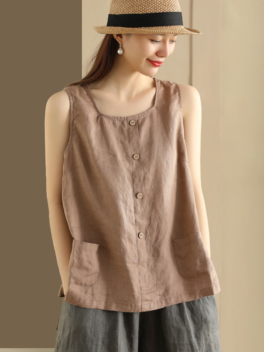 Plus Size Women's Summer Linen Vest - 100% Pure Linen Loose Fit Button Down Pocket Vest Top for Casual Outfits & Beach Wear
