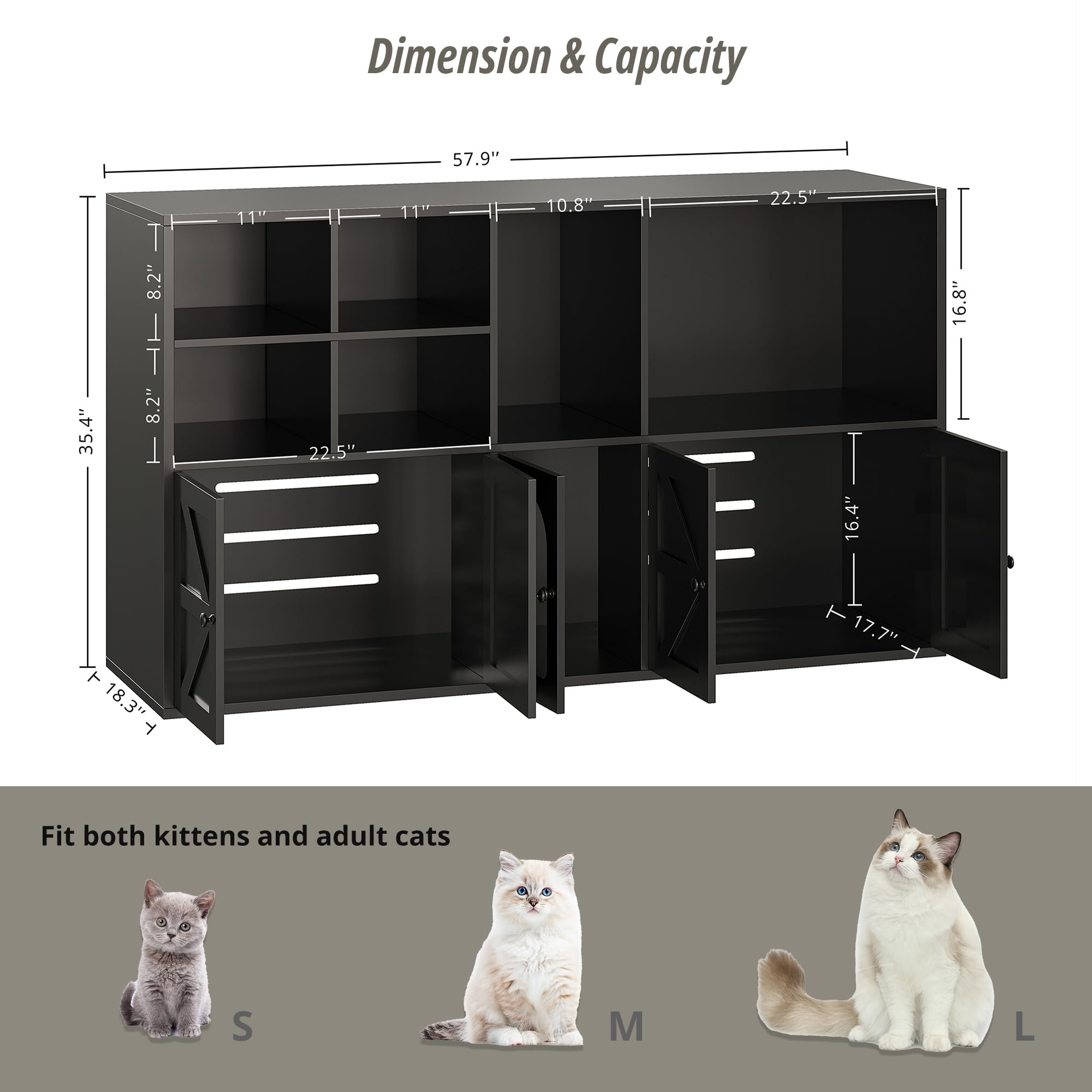 IRONCK Wooden Cat Litter Box Enclosure Furniture for 2 Cats - Double Room Hidden Litter Box with Large Storage Space, Cat Washroom House (Black) - Perfect for Home, Apartment & Multi-Cat Households