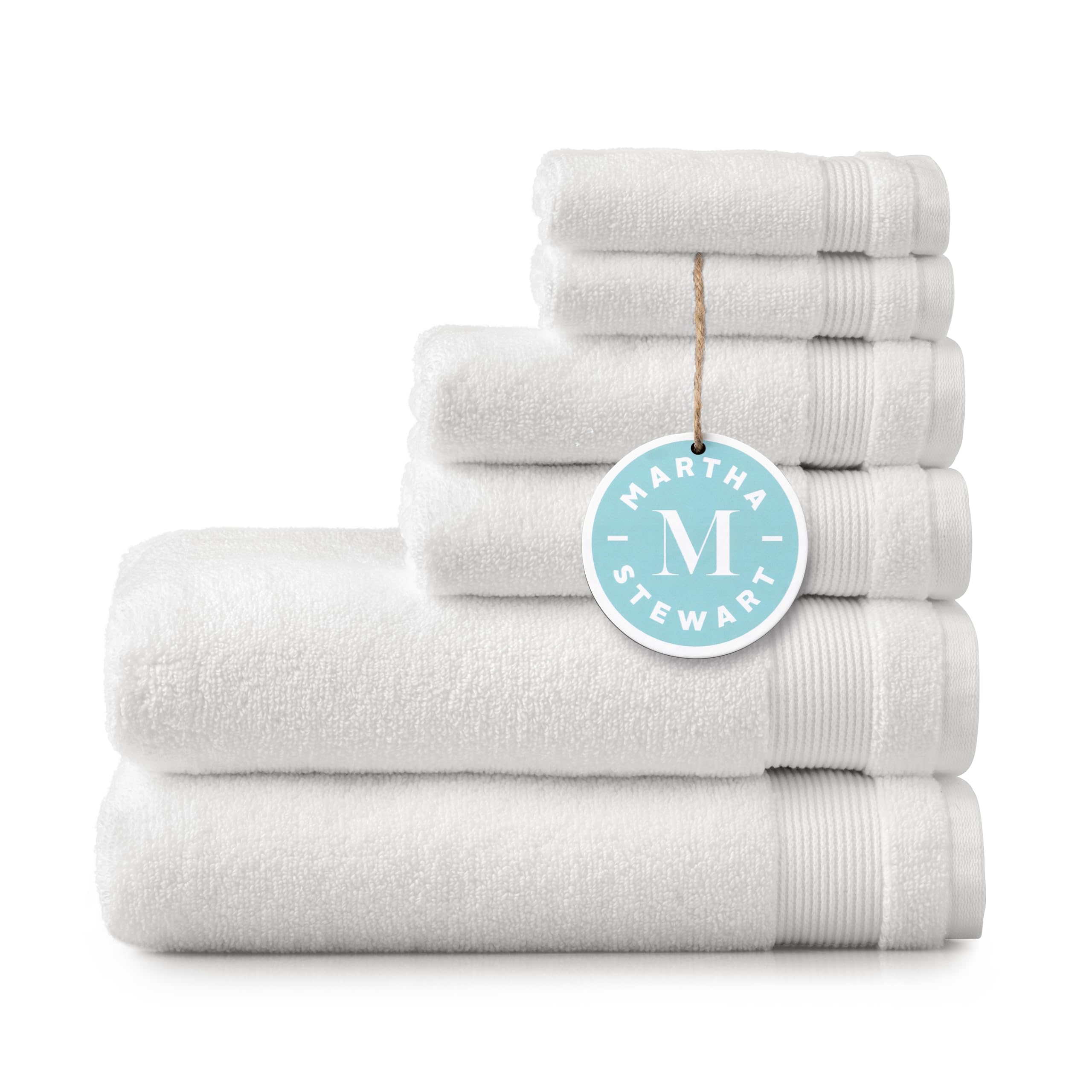 Martha Stewart 6-Piece 100% Cotton Bath Towel Set - 2 Bath Towels, 2 Hand Towels, 2 Washcloths | Ultra Soft, Highly Absorbent & Quick-Drying | Luxury Bathroom Essentials for Spa, Hotel & Home Use (White)
